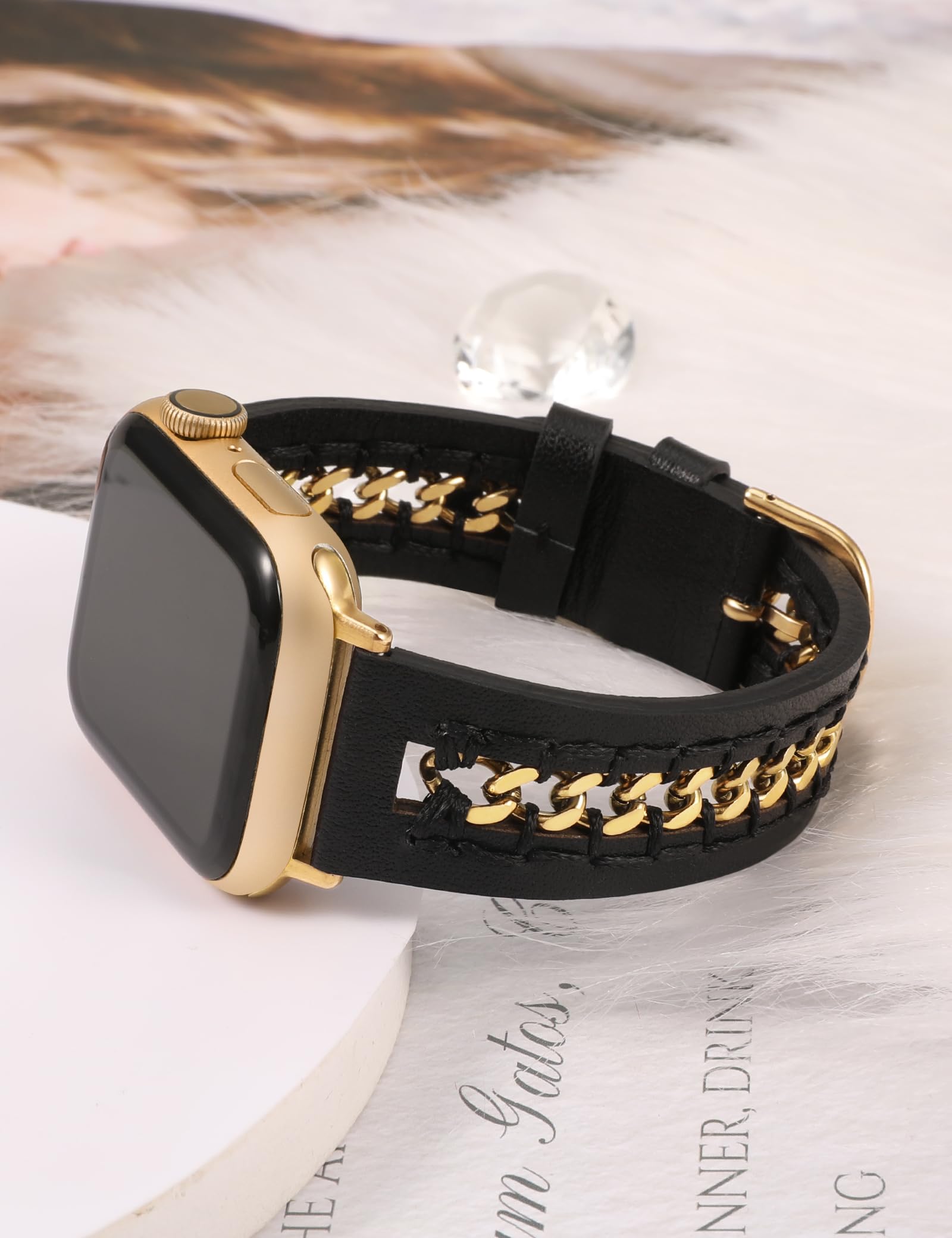 TOYOUTHS Genuine Leather Apple Watch Band for Women - Compatible with 38mm/40mm/41mm/42mm iWatch Series 10/9/SE/8/7/6/5/4/3/2/1 - Fashionable Leather Bracelet with Metal Chain Accents - Black & Gold - Perfect for Work, Casual Wear & Western Style Outfits