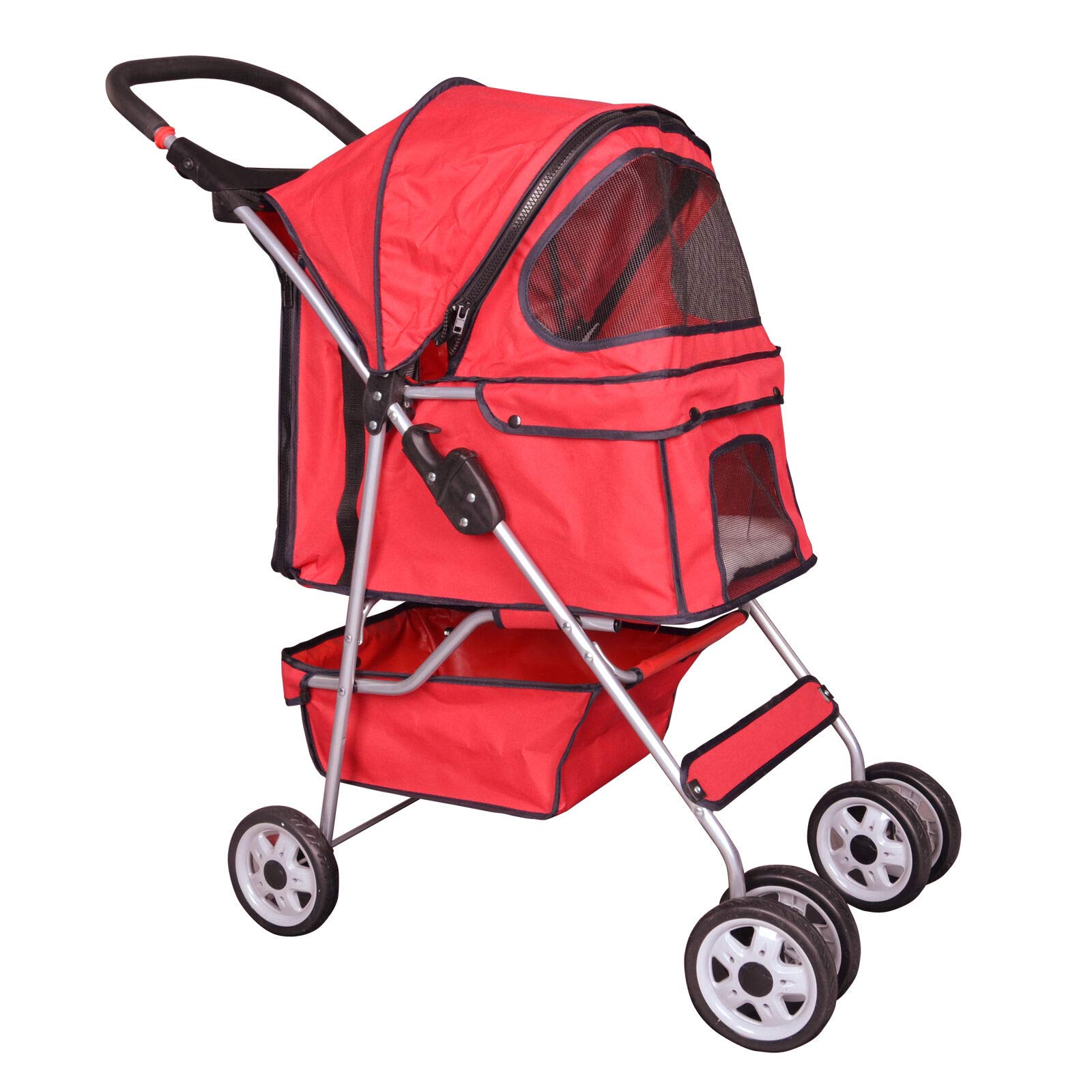 4 Wheel Pet Stroller for Cats & Dogs - Foldable Travel Carrier with 5 Color Options (Red) - Perfect for Vet Visits, Outdoor Walks & Travel Adventures