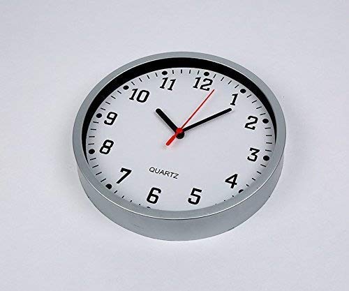 LARGE Stylish Round Modern Wall Clock - Big Readable Numbers with Front Glass - White Dial & Silver Frame - 23cm Standard Size - Perfect for School, Office, Home, Kitchen, Bathroom, Living Room & Bedroom