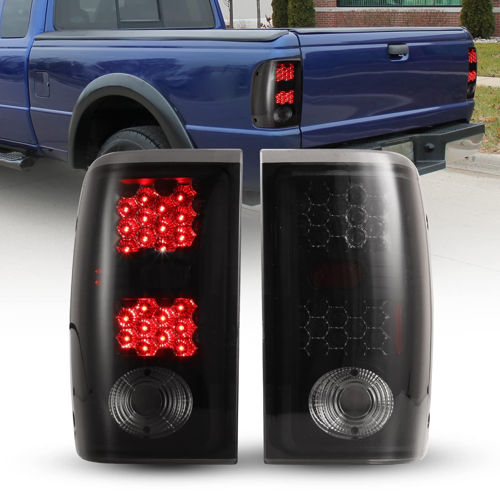 ROXX LED Tail Lights Assembly for 2001-2005 Ford Ranger - Smoke Lens Replacement with LED Turn Signal, Reverse, Running & Brake Lights (Driver & Passenger Side) | Upgrade Your Truck's Style & Safety for Night Driving & Off-Road Adventures