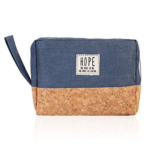 Portable Travel Makeup Bag - Waterproof Cosmetic Organizer Pouch for Toiletries | Plaid Cork Design (Hope - Blue) | Perfect for Air Travel, Gym & Daily Essentials Storage