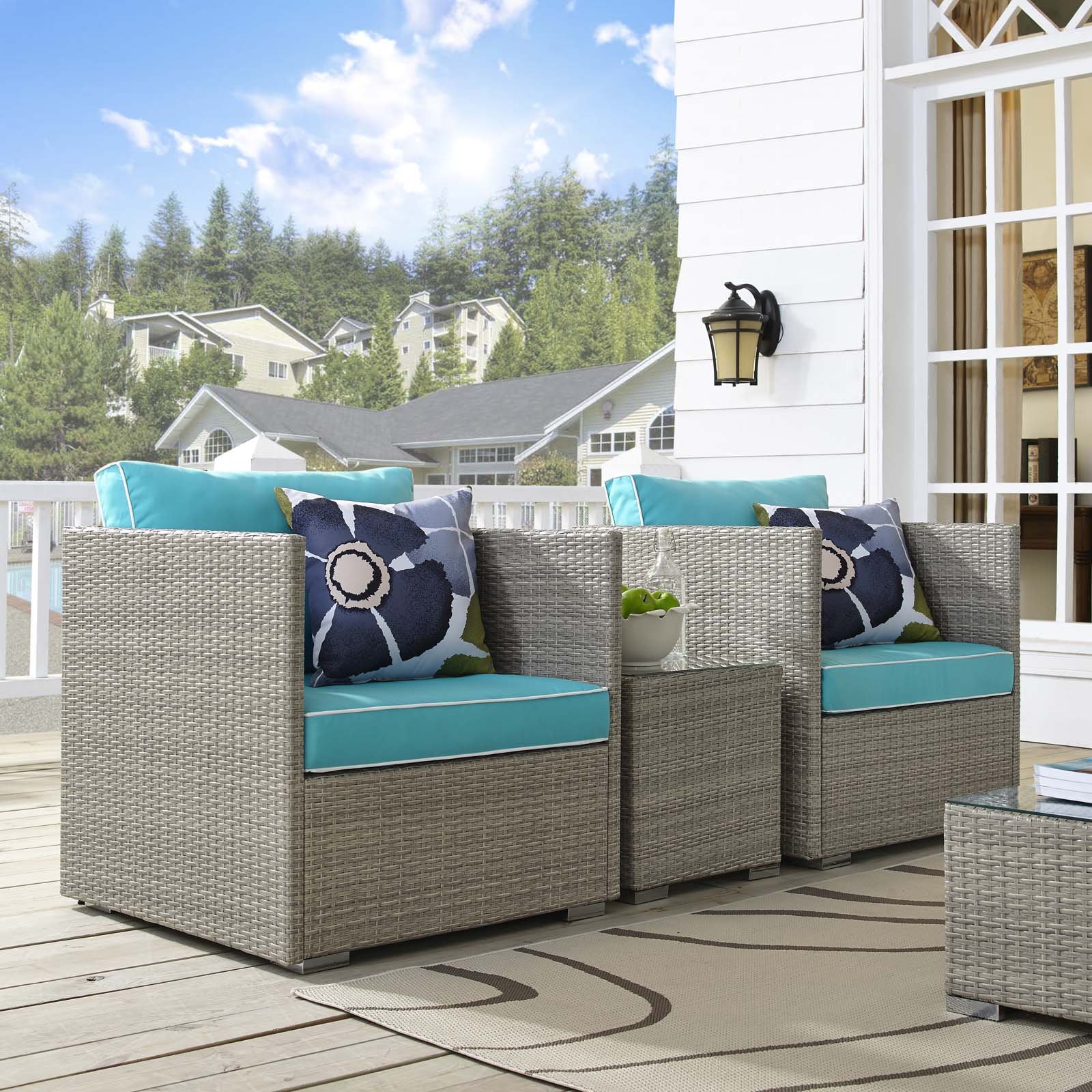 Modway Repose 3-Piece Wicker Rattan Outdoor Patio Furniture Set with Cushions - Light Gray & Turquoise - Perfect for Backyard, Poolside & Garden Relaxation