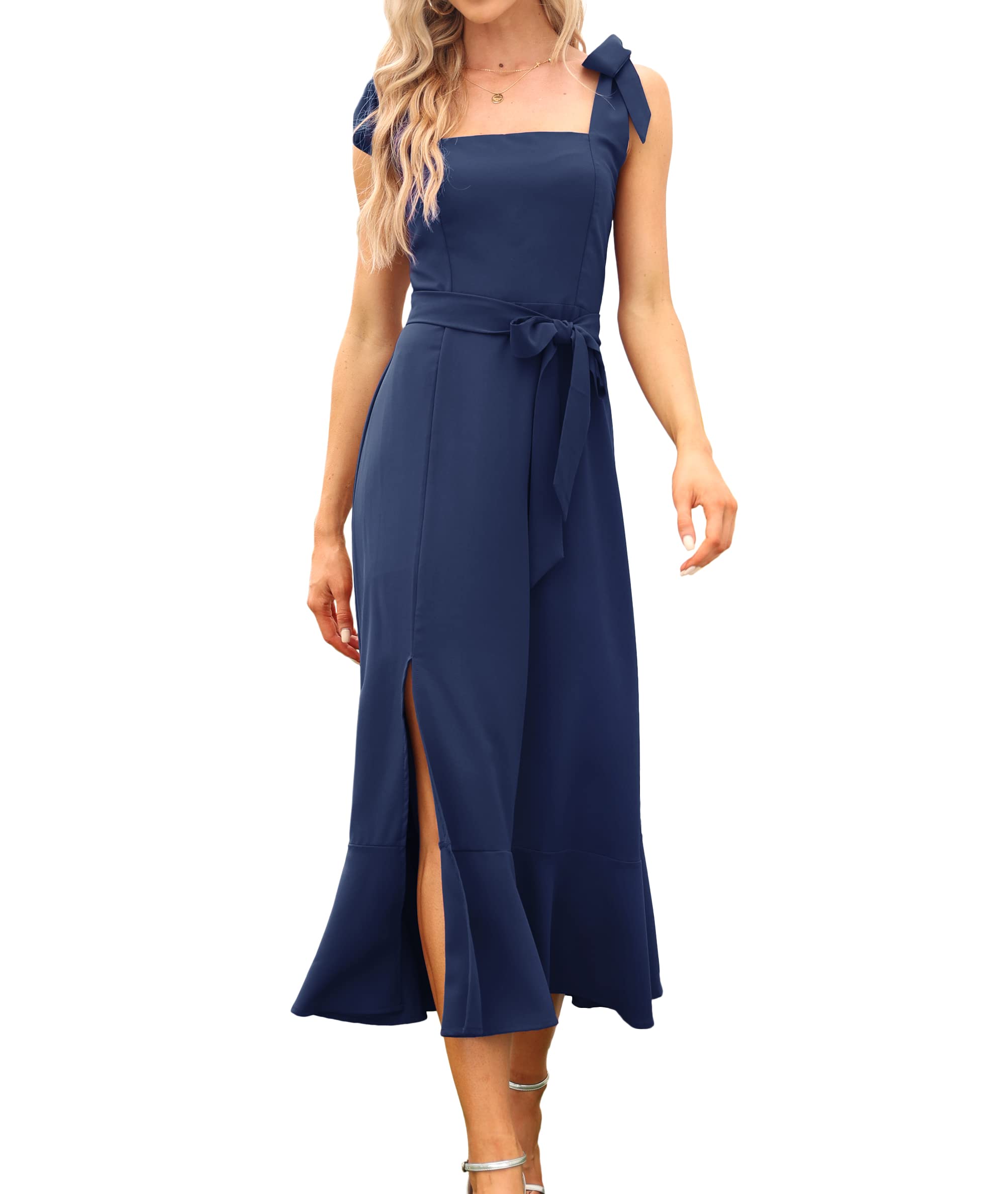 Elegant Square Neck Ruffle Bridesmaid Dresses for Women - Split Midi Formal Gown for Wedding Guest, Cocktail Party & Special Occasions