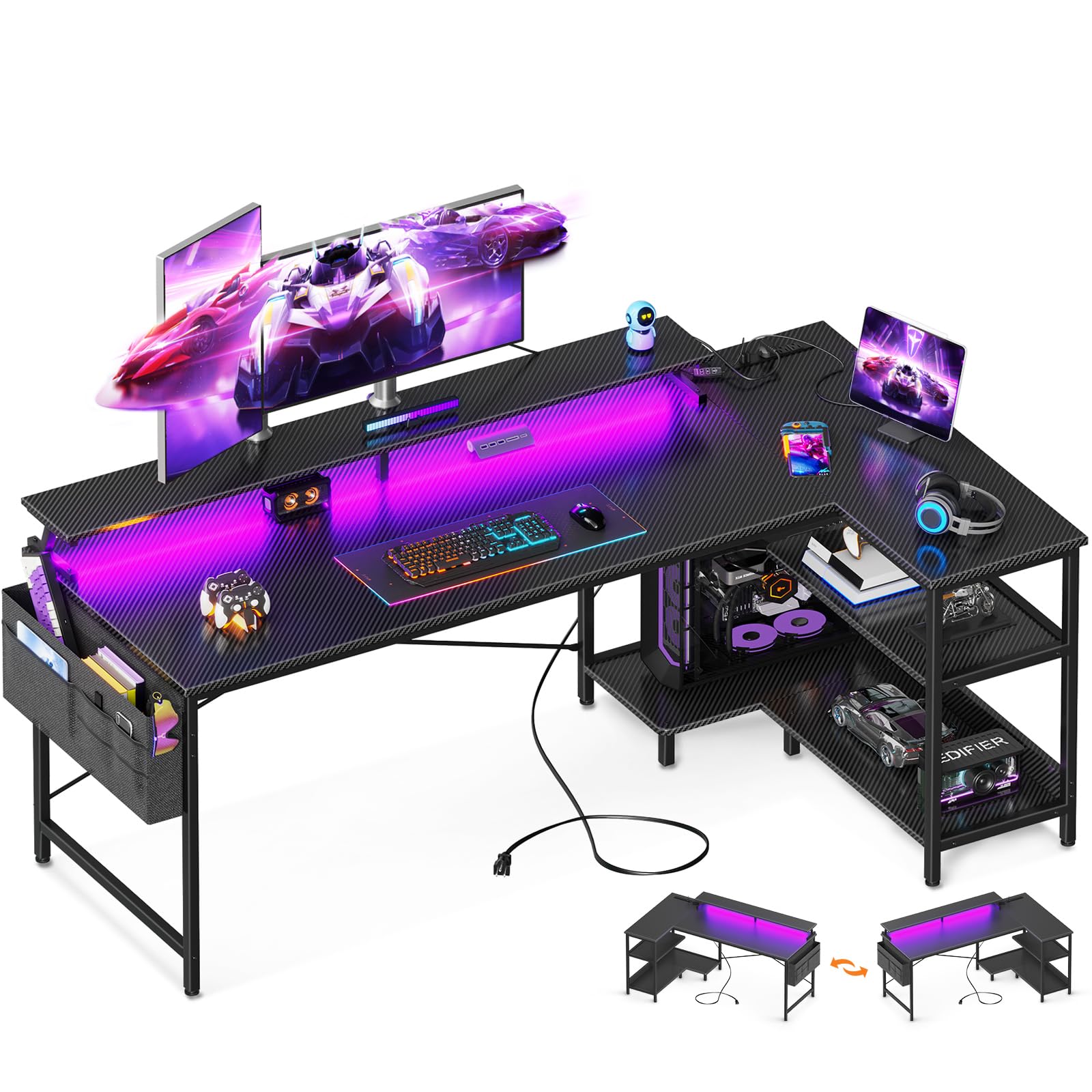 ODK 66 Inch L-Shaped Gaming Desk with USB Charging Ports, LED Lights & Power Outlets - Reversible Corner Computer Desk with Storage Shelves & Monitor Stand in Carbon Fiber Black - Perfect for Gamers, Streamers & Home Office Setup