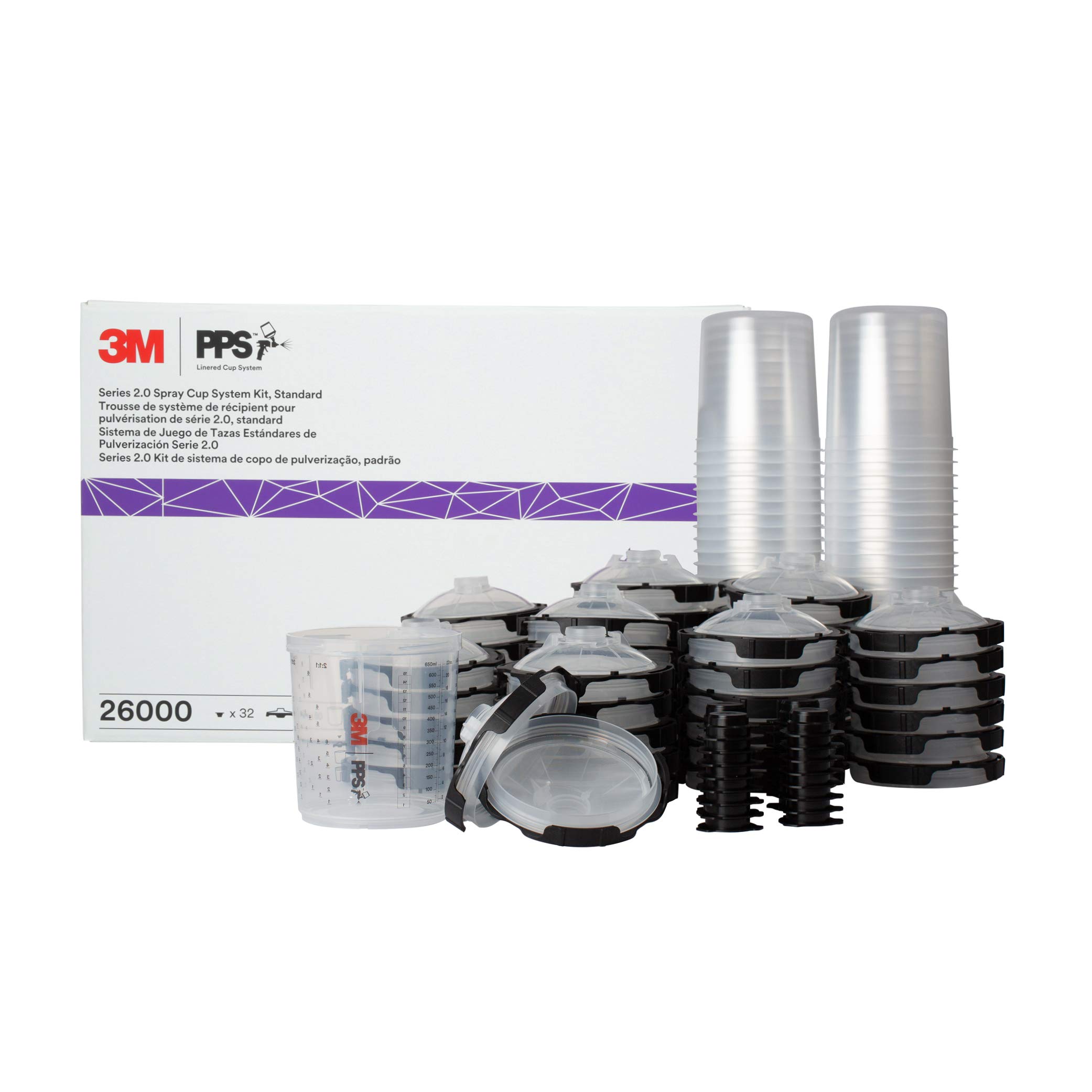 3M 26000 PPS 2.0 Spray Gun Cup Kit with Lids & Liners - 22oz Capacity, 200-Micron Filter, Standard Size (Black/Silver) - Perfect for Automotive Painting & Industrial Coating Applications
