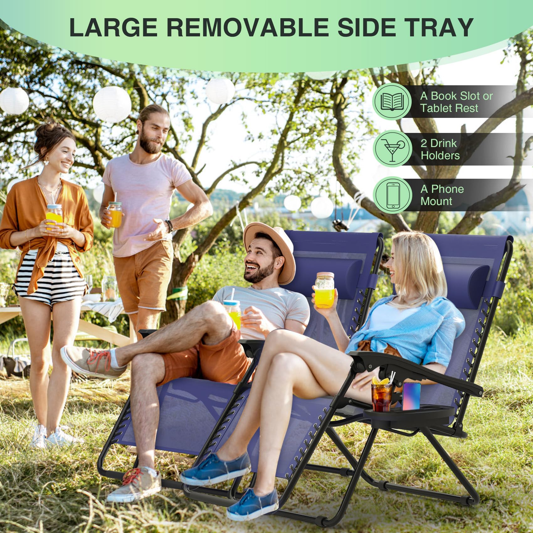 Suteck Zero Gravity Chairs Set of 2 - Heavy Duty Reclining Lounge Chairs with Upgraded Lock, Extra Large Cup Holder & Pillow - Foldable Patio Chairs for Indoor/Outdoor Use - Perfect for Backyard, Poolside, Beach, Camping (Blue)