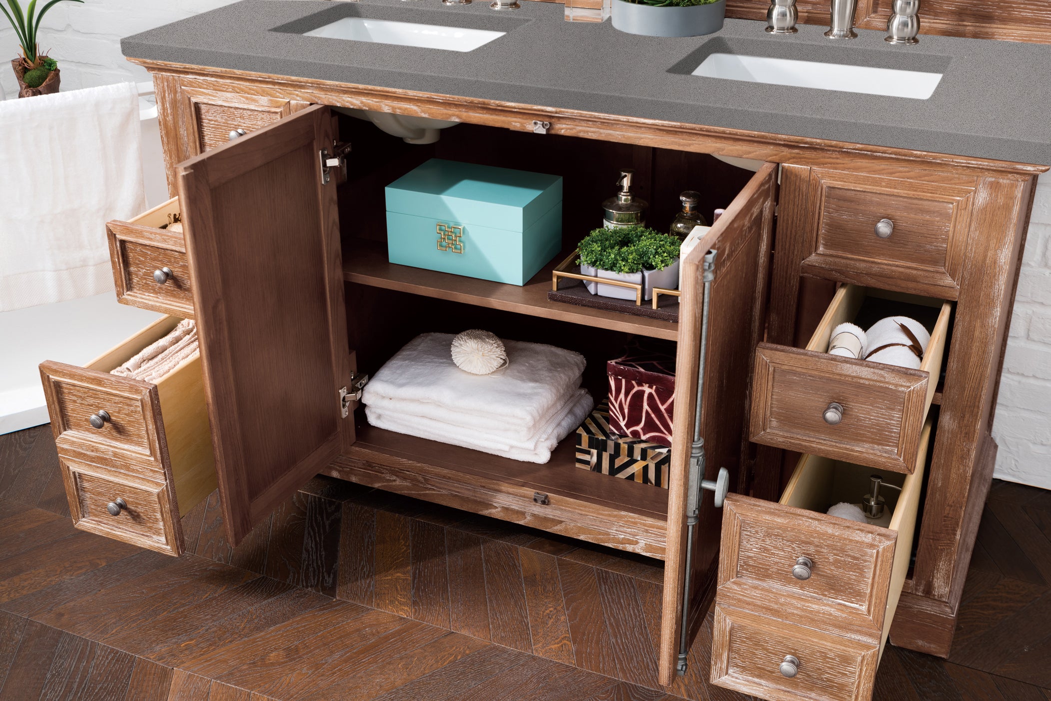 Providence 60-Inch Double Vanity Cabinet with Driftwood Finish & 3CM Grey Expo Quartz Top - Perfect for Master Bathroom Remodeling & Modern Home Decor