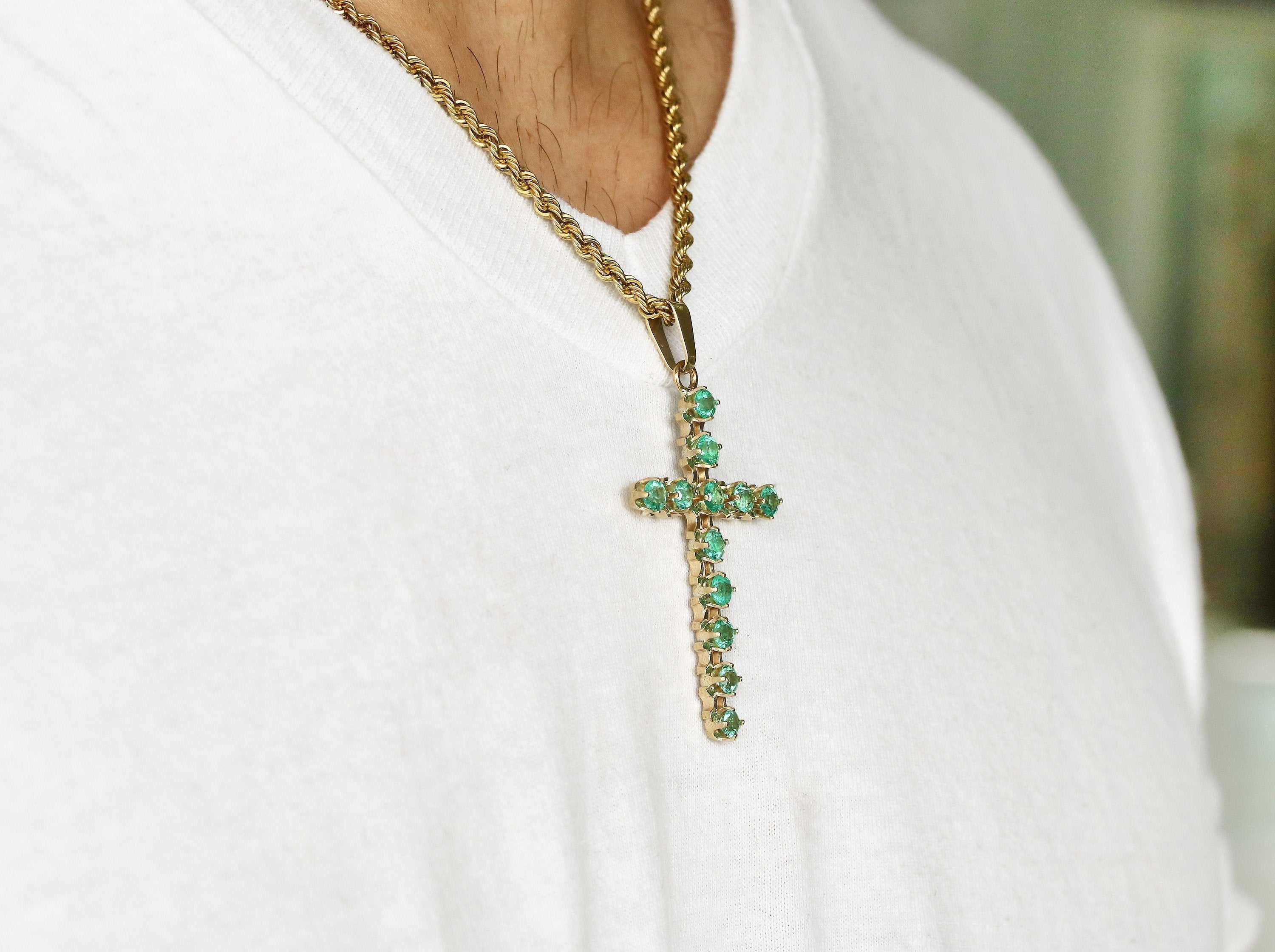 2.50tcw Rich Green Emerald Classic Cross Tennis Pendant - Unisex 14K Gold Jewelry for Men & Women - Perfect for Gifts, Weddings & Everyday Wear