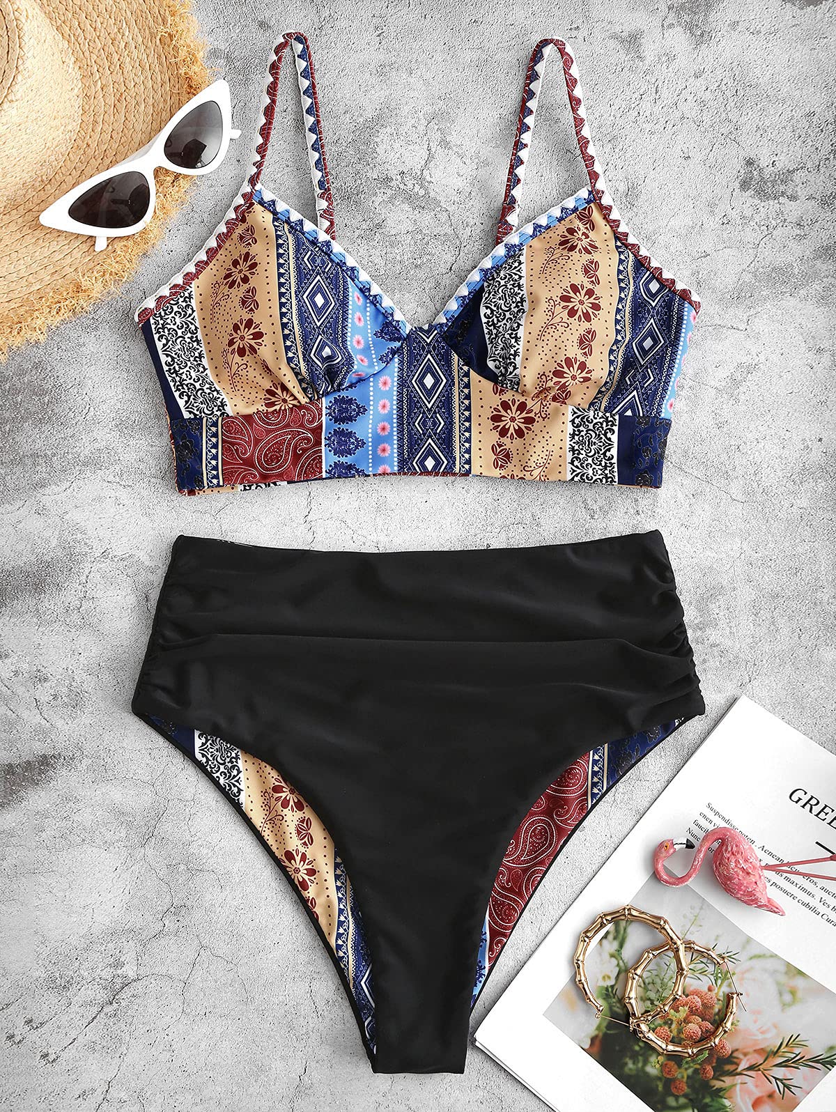 ZAFUL Women's Ribbed High Cut Surplice Tankini Swimsuit Set with Spaghetti Straps - Sexy Bathing Suit for Beach, Pool & Summer Vacation