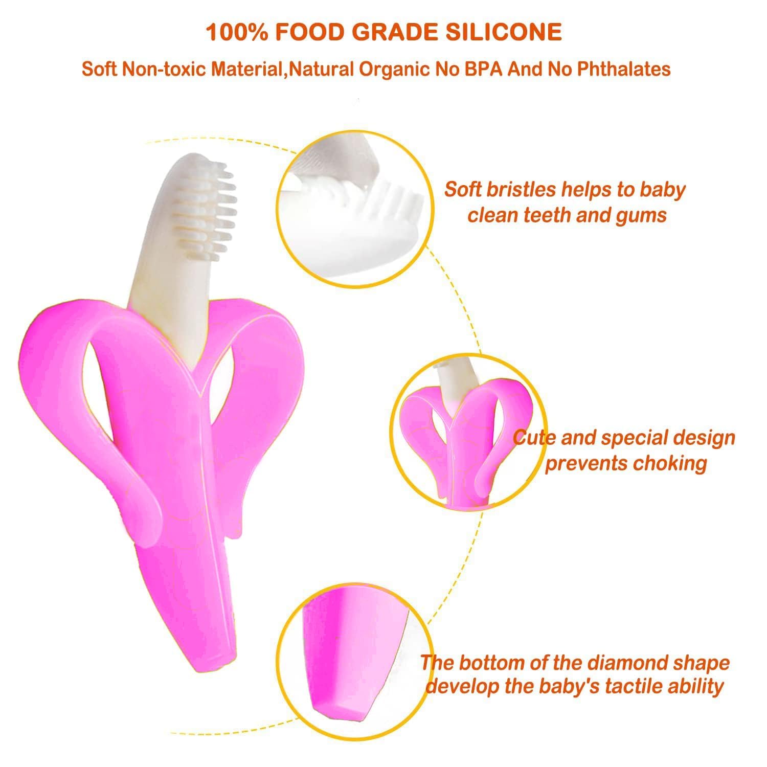 Kritiu Banana-Shaped Baby Toothbrush & Spoon Set - Soft Silicone Teether for Infants | BPA-Free, Non-Toxic & Easy to Clean | Perfect for Feeding & Soothing Sore Gums (Pink)