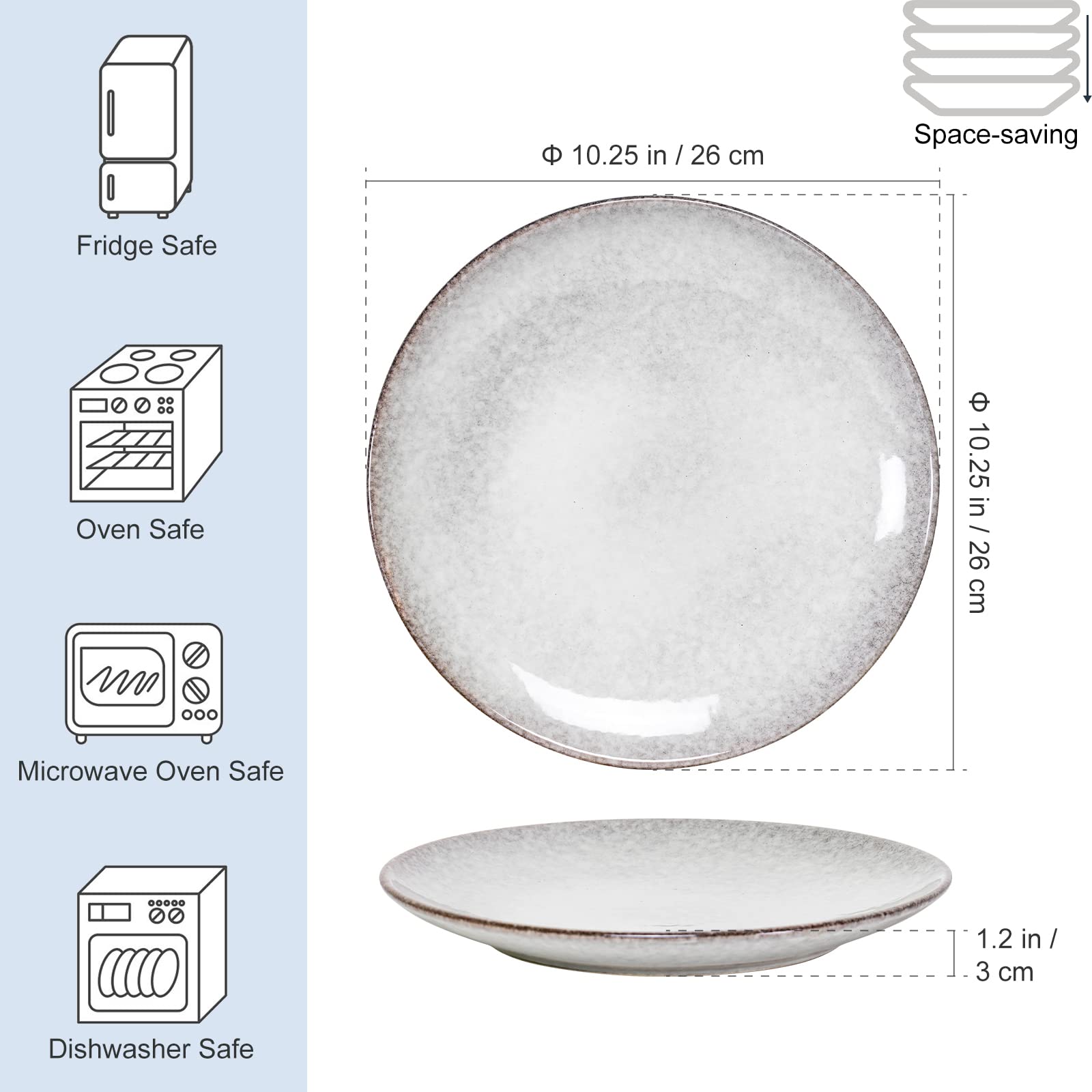 Premium 10-Inch Ceramic Dinner Plates Set of 4 - Scratch Resistant Stoneware Round Plates for Dessert, Salad & Serving | Dishwasher, Microwave & Oven Safe Dinnerware (Grayish-White) - Perfect for Family Dinners, Parties & Restaurant Use