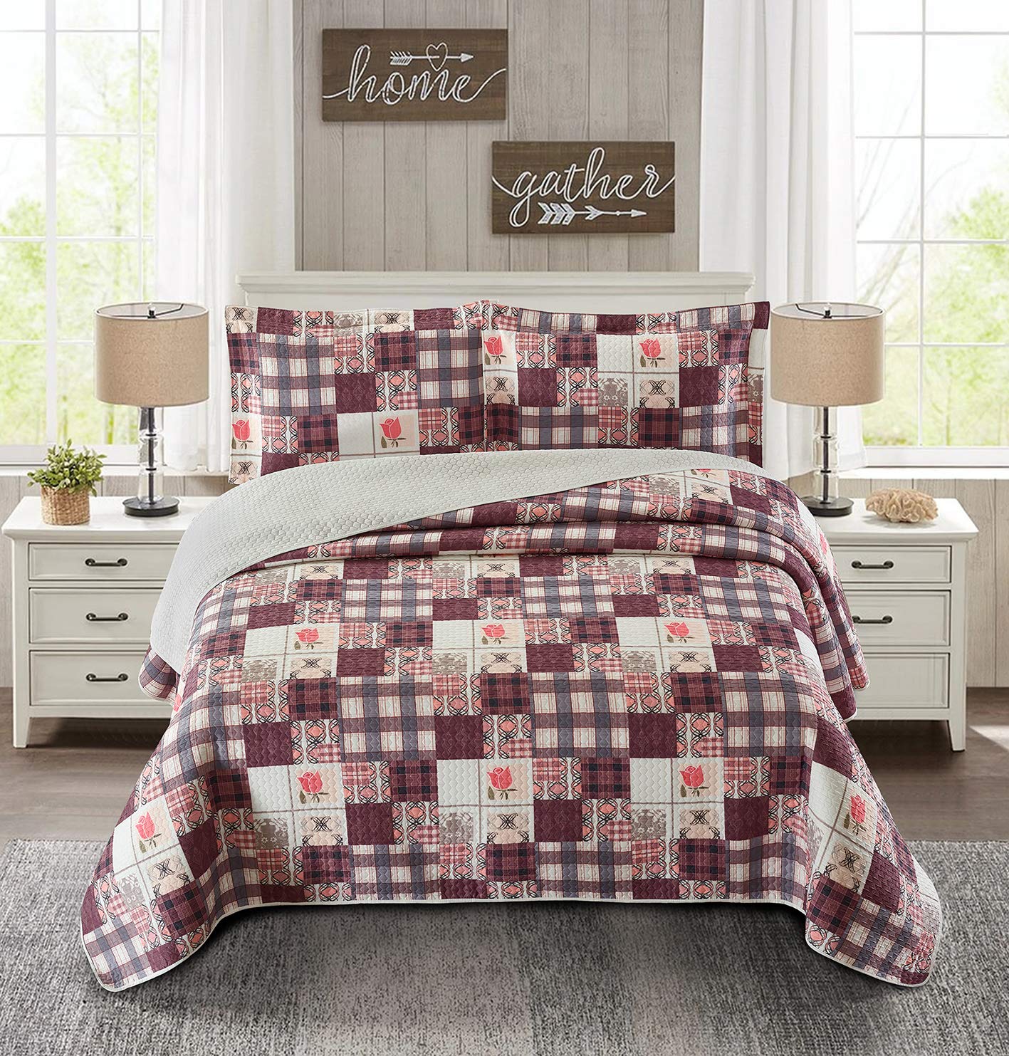 Angel Bedding 3-Piece Coastal Beach Quilt Set with Coral, Shells & Starfish Design - King Size 104x90 Inches (Grey, Black, Brown, Red) | Perfect for Beach House Decor, Guest Room & Coastal Themed Bedrooms