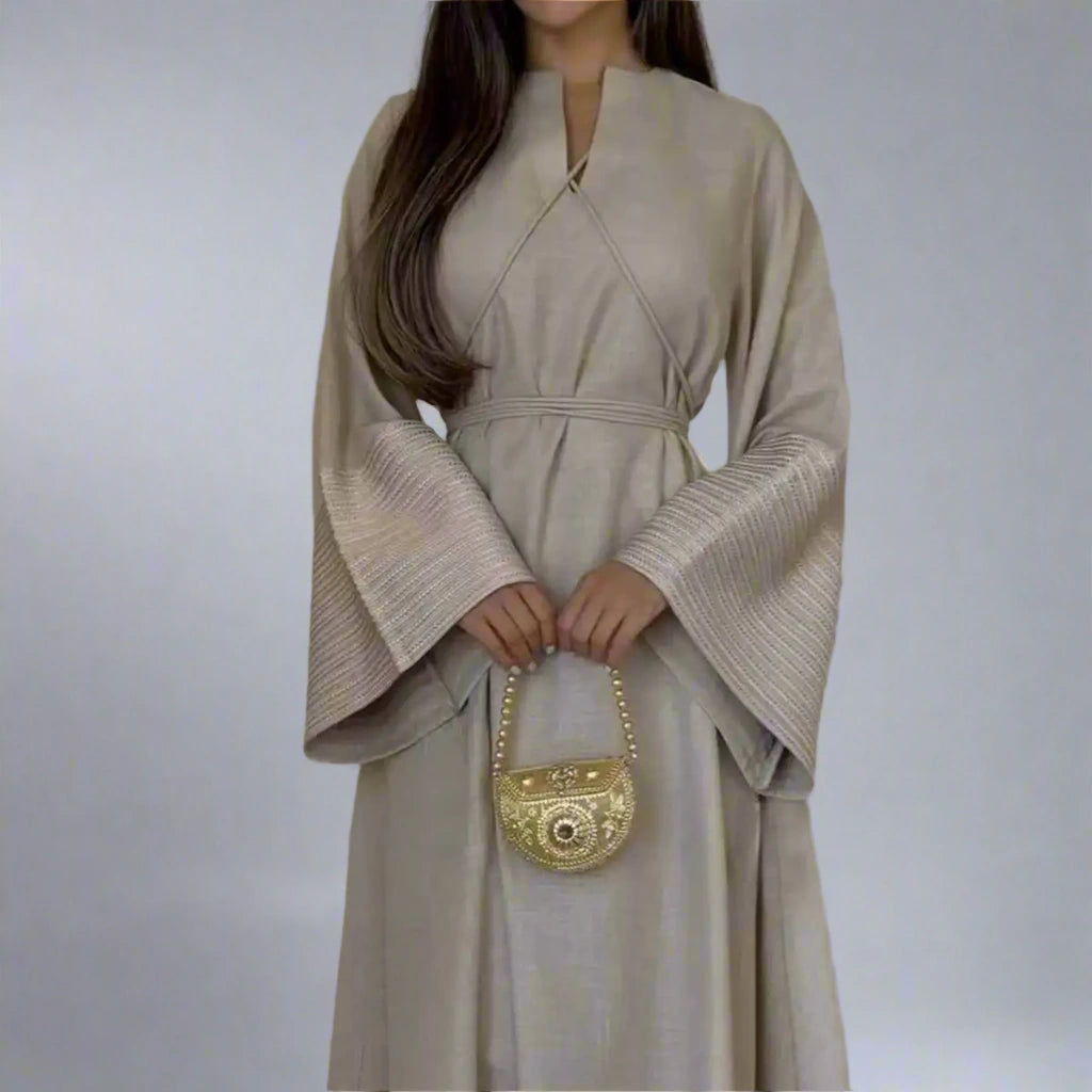 Elegant Muslim Women's V-Neck Abaya Dress with Embroidery Sleeves - Perfect for Prayer, Eid, Wedding & Special Occasions