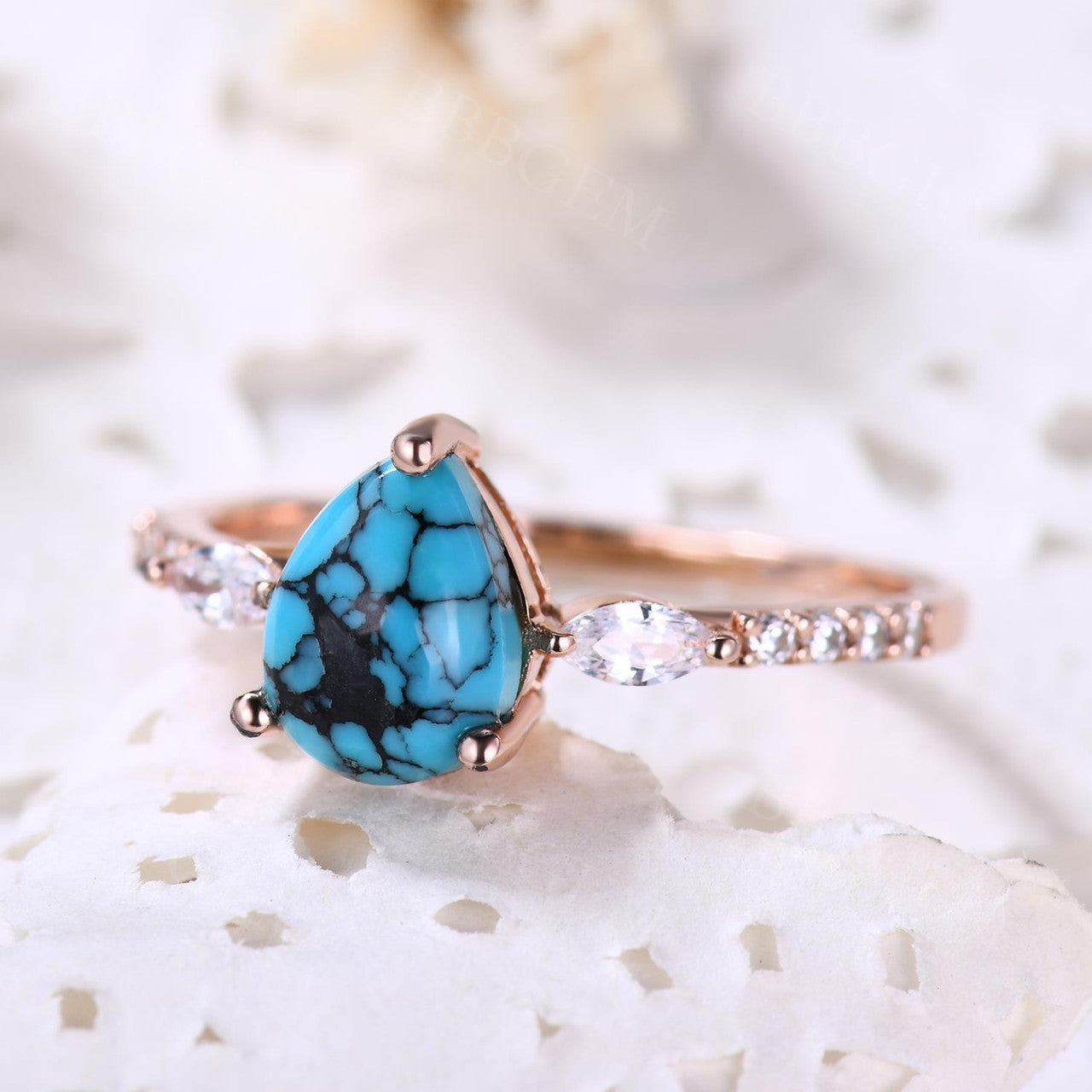Turquoise Rose Gold Engagement Ring - Art Deco Vintage Promise Ring for Women, Gift for Her, Anniversary, Valentine's Day, Proposal, Wedding Jewelry
