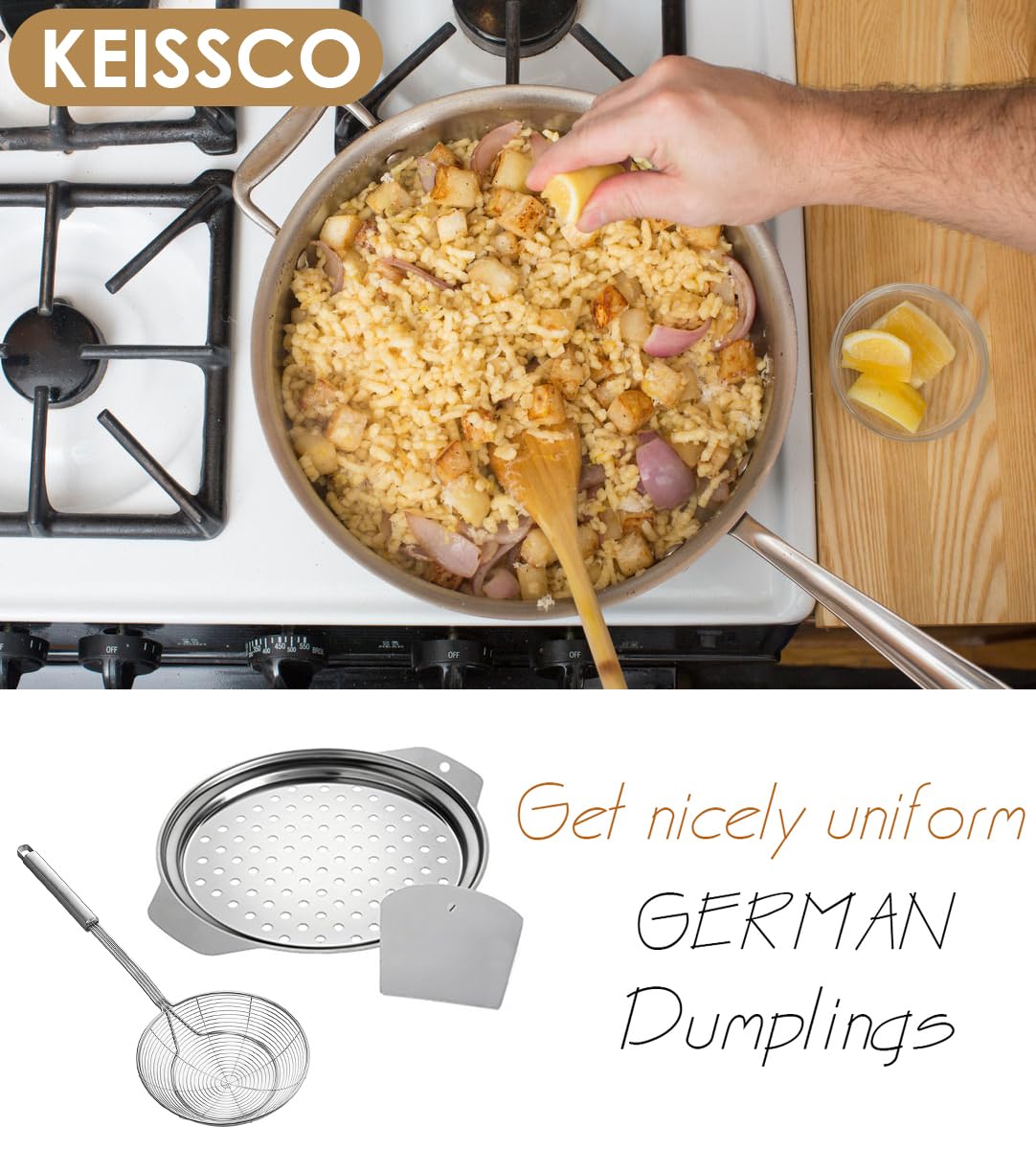 Premium Stainless Steel Spaetzle Maker with Scraper & Strainer Spoon - German Egg Noodle Maker Set for Pasta, Dumplings & Spaetzle - Perfect for Home Cooking, German Cuisine & Pasta Lovers