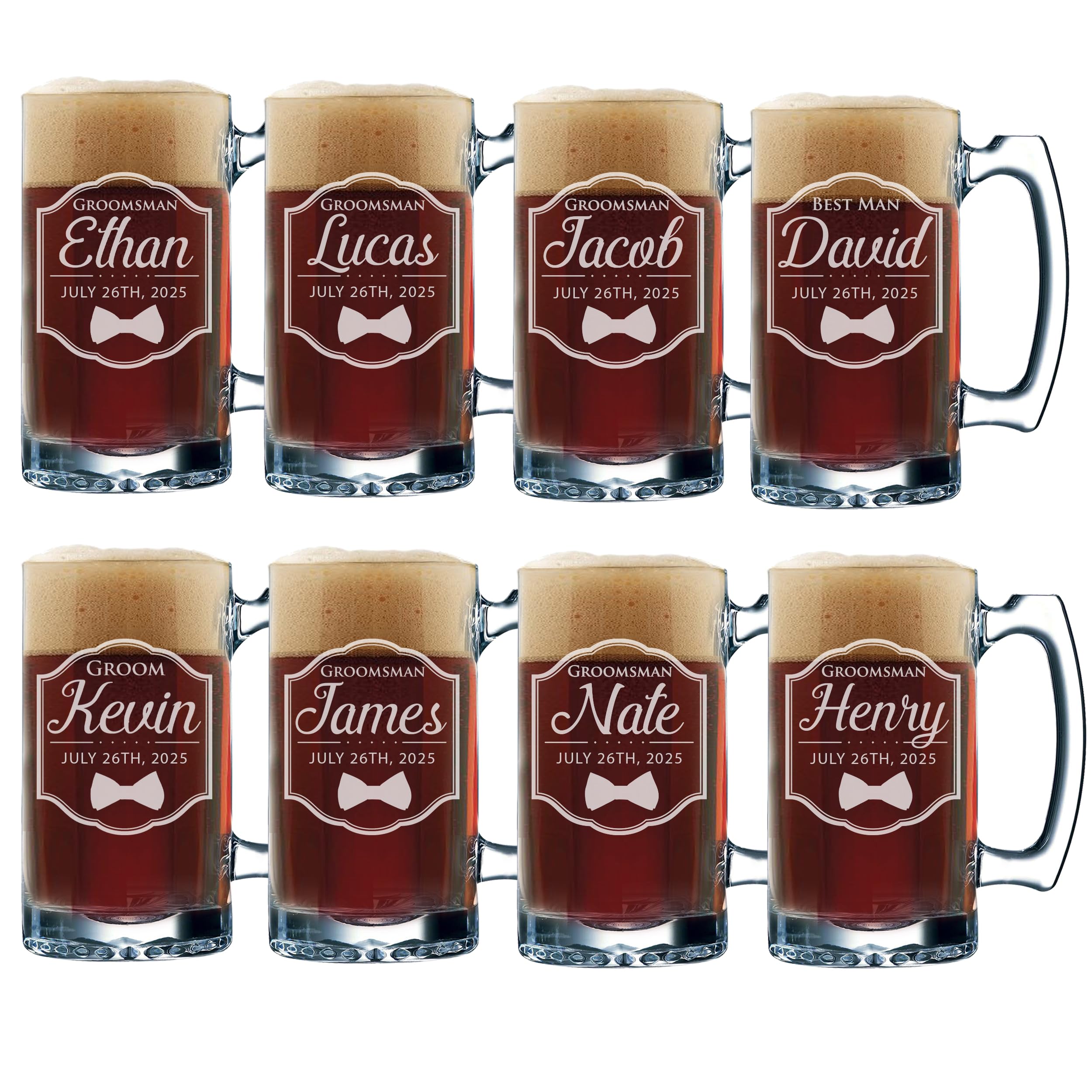 Personalized Groomsmen Beer Mugs - Custom Engraved 12oz Frame-Style Glass Set of 8 - Perfect for Weddings, Bachelor Parties & Gifts for Best Man & Bridal Party