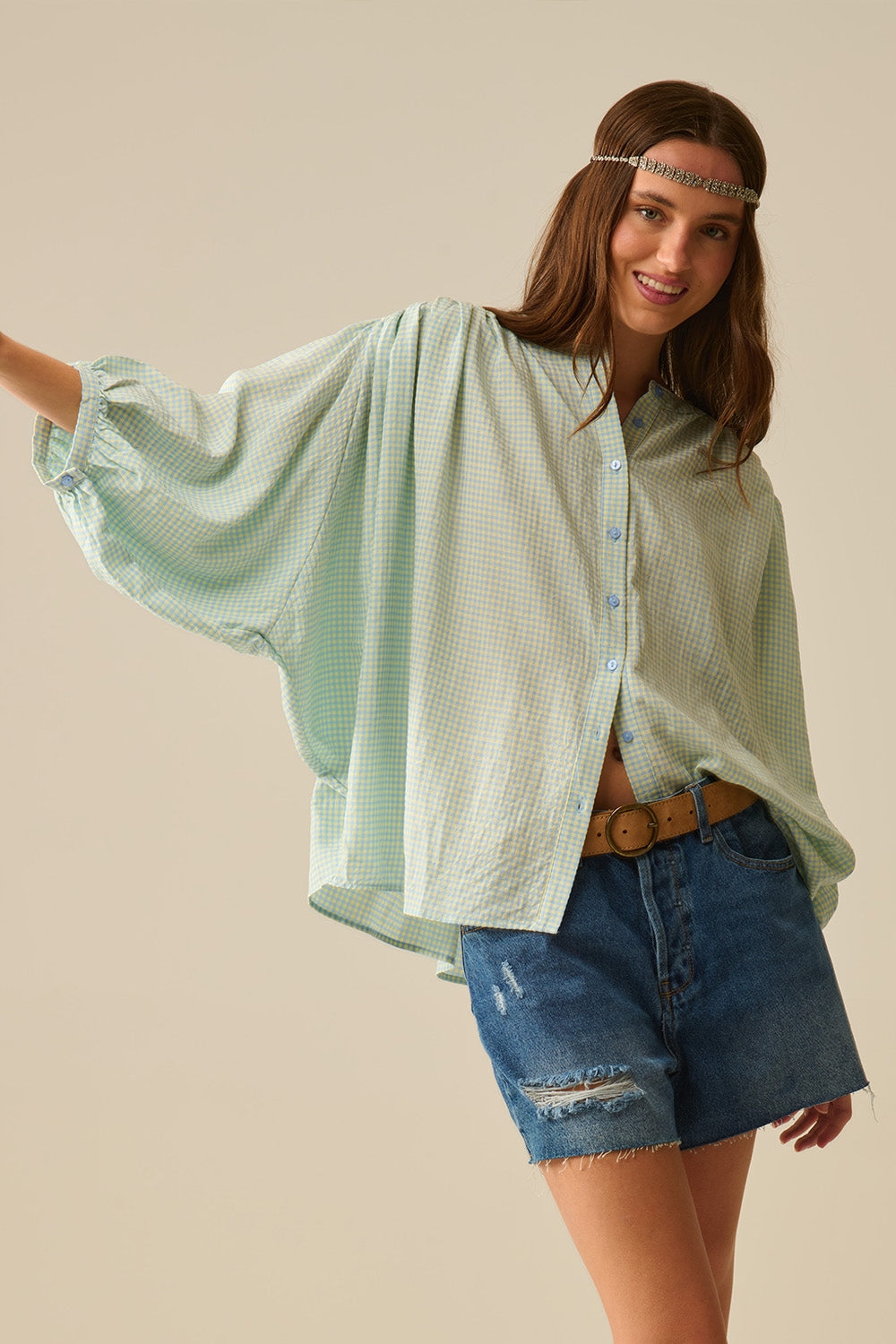 Blue Vichy Check Oversized Shirt for Women - Casual Loose Fit Blouse for Spring & Summer Outfits
