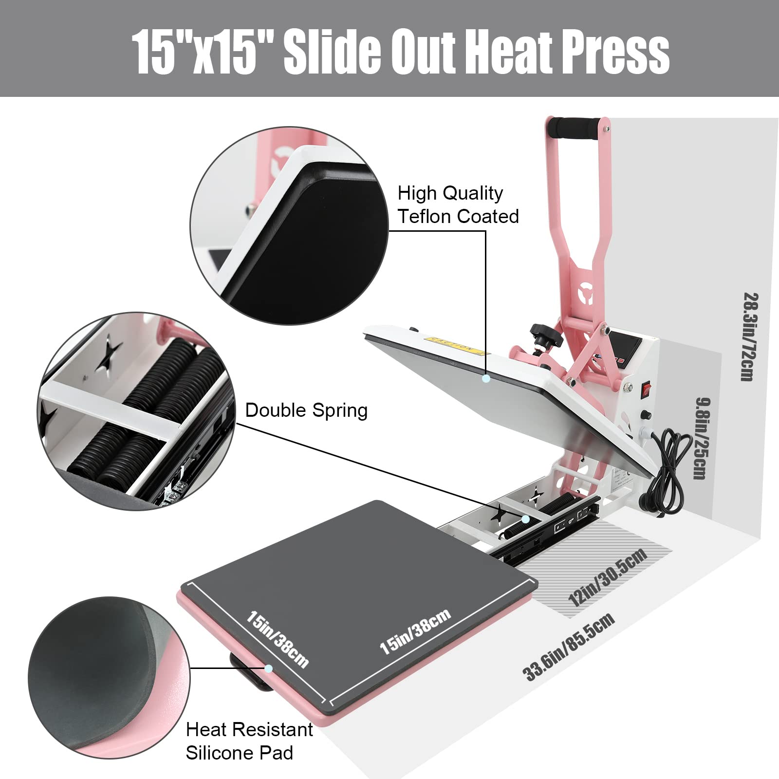 BetterSub 15x15 Inch Digital Heat Press Machine - Industrial Quality T-Shirt Transfer Press with Slide Out Tray (Pink) | Perfect for Custom T-Shirts, Mugs, Hats & DIY Craft Projects