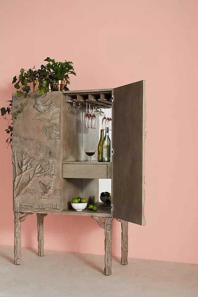 Hand Carved Wooden Bar Cabinet with Storage - Modern Liquor Cabinet for Home Bar, Living Room, or Dining Room - Perfect for Wine, Whiskey & Glassware Organization