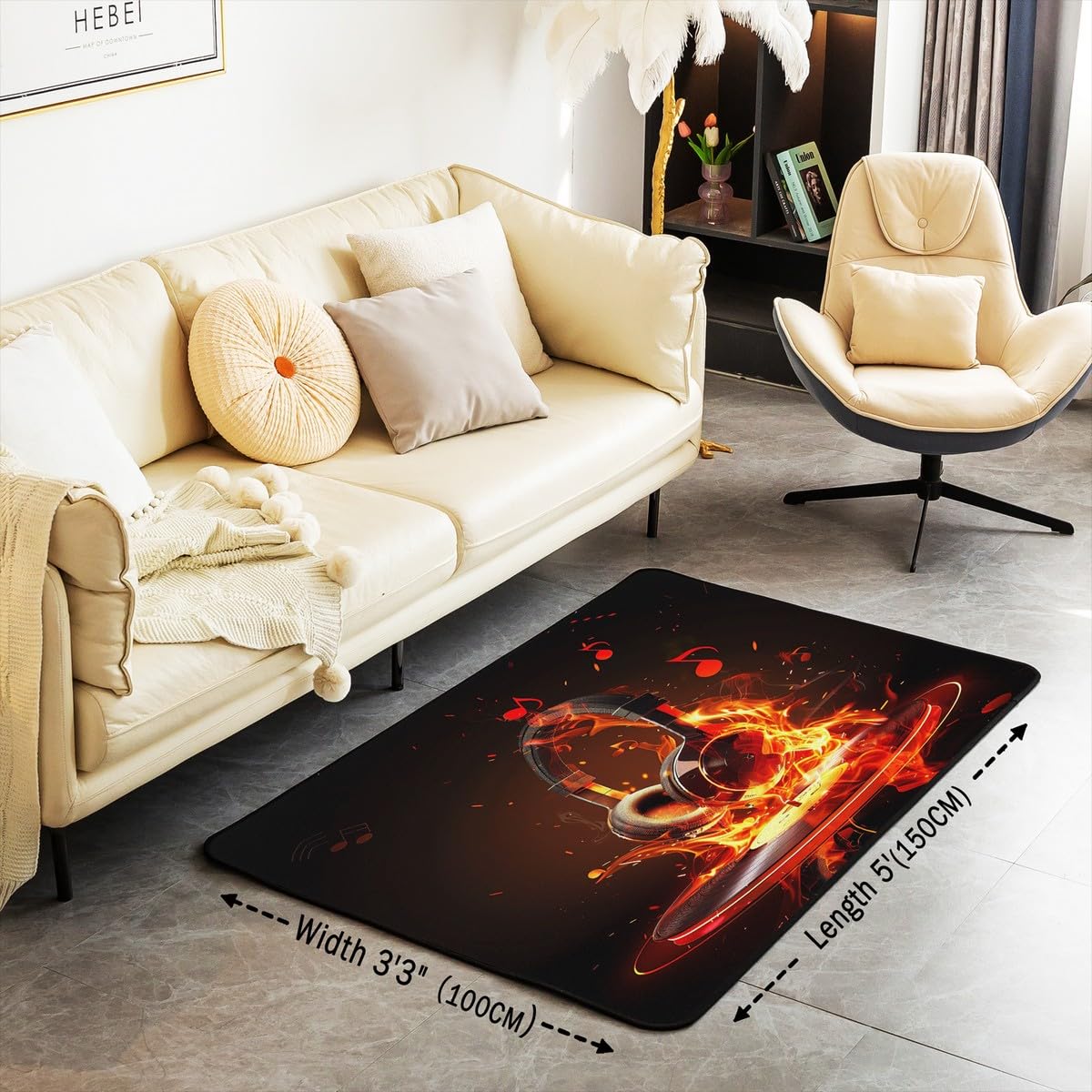 3'x5' Music Headphones Area Rug - Non-Slip Game Headset Floor Mat with Musical Pattern for Living Room & Bedroom | Home Decor Carpet for Gamers & Music Lovers - Perfect for Gaming Rooms, Bedrooms, and Living Spaces
