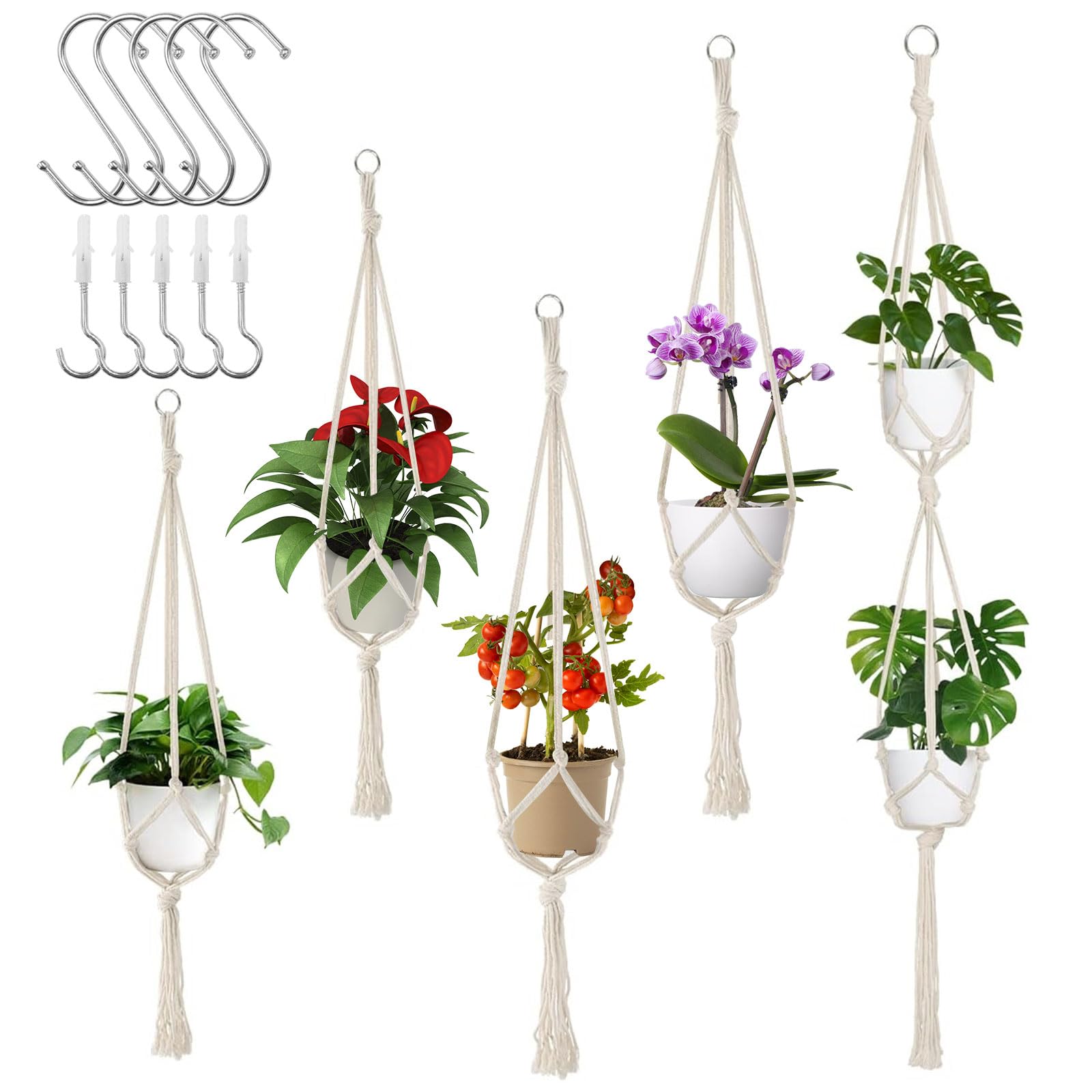 5 PCS Macrame Plant Hangers - 100% Handmade Cotton Rope Hanging Baskets with 10 Hooks for Indoor & Outdoor Plants | Boho Home Decor for Living Room, Bedroom, Balcony & Garden