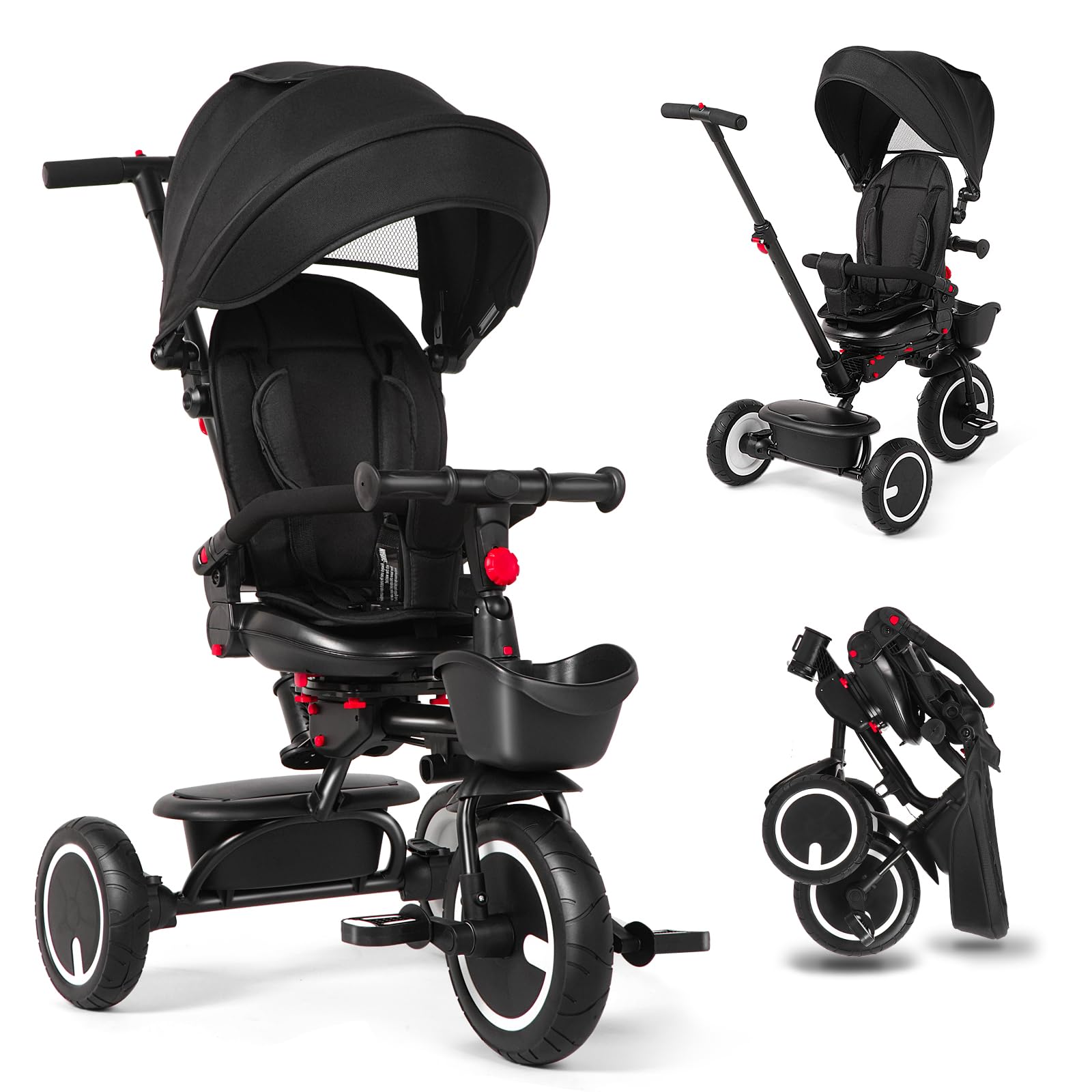 6-in-1 Foldable Baby Tricycle with Adjustable Canopy & Safety Harness - Convertible Toddler Trike for 7 Months to 5 Years Old Boys & Girls - Removable Push Handle, Rotating Seat & Storage Basket - Perfect for Outdoor Play, Park Rides & Learning Balance