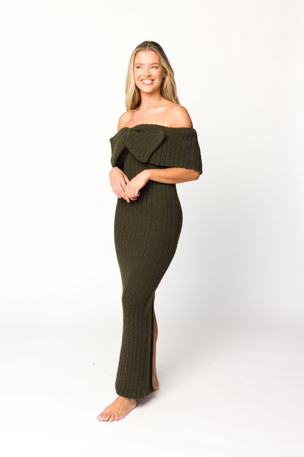 Aston Bow Front Maxi Sweater Dress in Dark Green - Bump Friendly Maternity Dress for Pregnancy, Nursing & Postpartum | Cozy Winter Outfit for Women