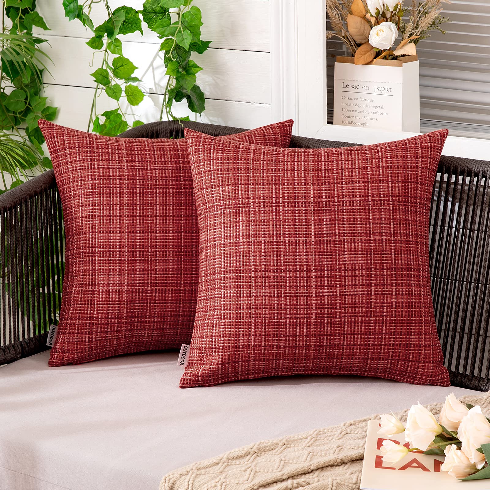 MIULEE Waterproof Outdoor Throw Pillow Covers - 18x18 Inch Farmhouse Decorative Cushion Covers for Patio, Garden, Tent, Sofa & Couch (Pack of 2, Red) - Perfect for Outdoor Furniture, Camping & Home Decor