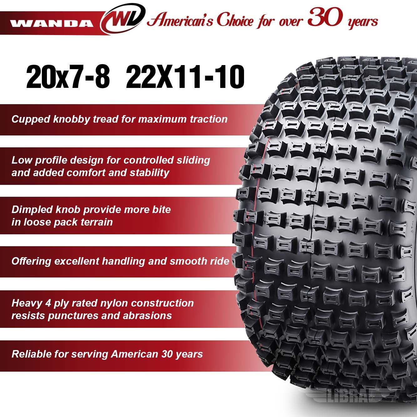 WANDA Set of 4 ATV Tires - 20x7-8 Front & 22x11-10 Rear 4PR All-Terrain Tires for Off-Road Vehicles - Perfect for Trail Riding, Hunting, and Farm Work