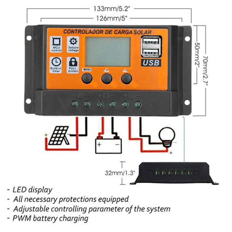 100A PWM Solar Charge Controller with LCD Display - 12V/24V Dual USB Ports for Solar Panel Battery Regulator - Perfect for RV, Marine, Off-Grid & Home Solar Power Systems