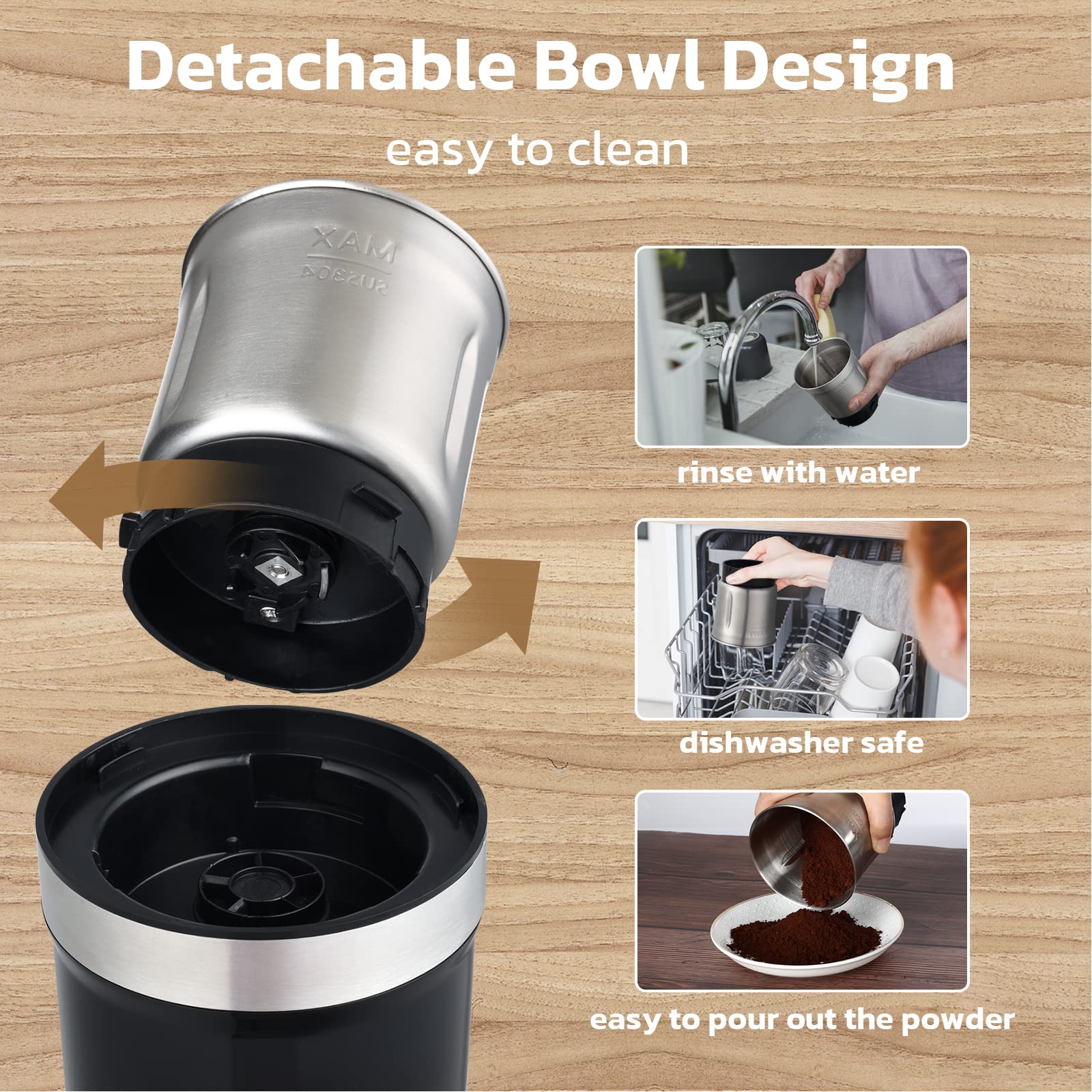 KYG 300W Electric Coffee Grinder - Stainless Steel Blades for Flax Seeds, Peppercorns, Spices & Coffee Beans, 2 Removable Bowls (Wet/Dry Grinding) - Perfect for Kitchen, Camping & Home Brewing