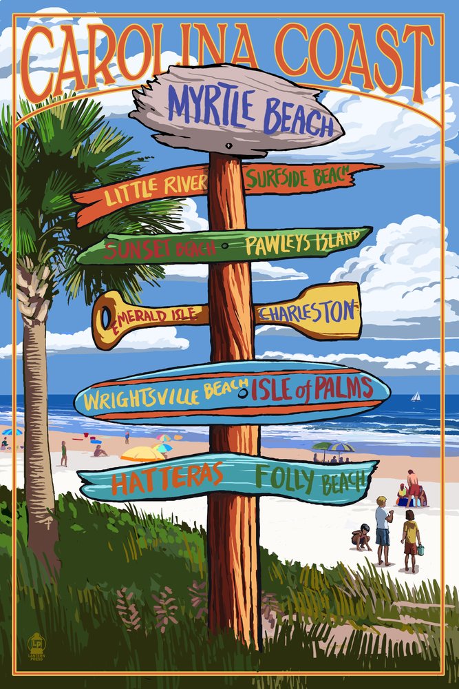 Myrtle Beach South Carolina Destinations Sign - 24x36 Signed Art Print, Wall Decor Poster for Home, Office & Beach House Decor