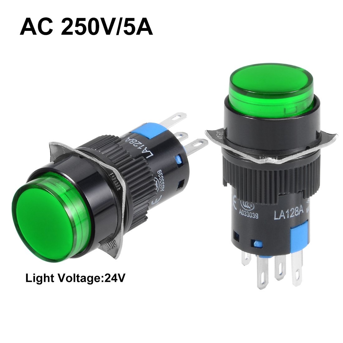 uxcell 5 Pcs 16mm Momentary Push Button Switch with Green LED Light - 1 NO 1 NC Contact, 24V - Perfect for Control Panels, Industrial Equipment & DIY Electronics Projects