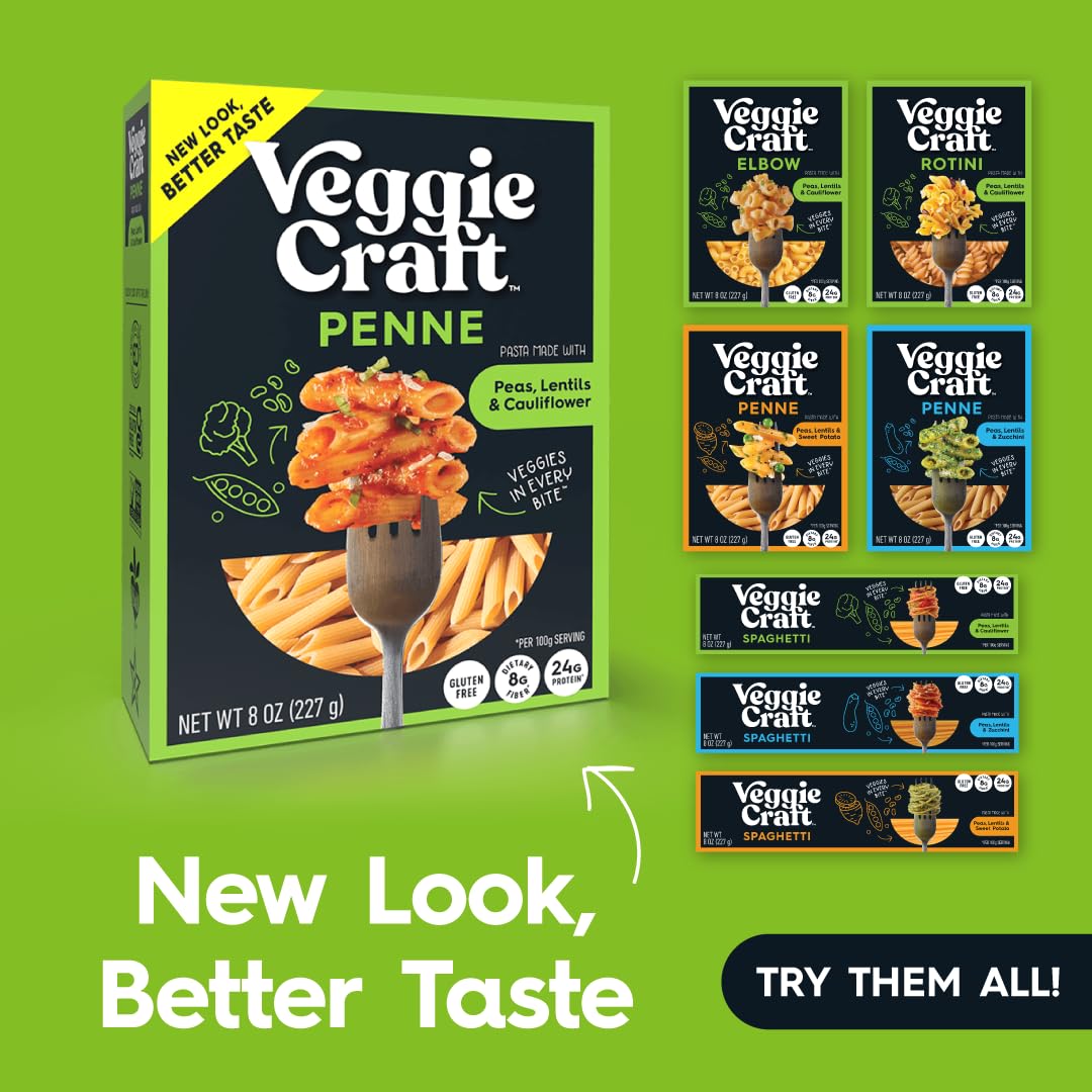 Veggiecraft Farms Penne Pasta - Low Carb, High Protein Lentil Pasta with Peas & Cauliflower | Plant-Based, Keto, Gluten-Free, Vegan | 8 Oz | Perfect for Healthy Meals, Weight Loss & Keto Diets