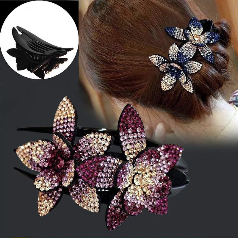 Elegant Rhinestone Hair Clip for Women - Double Flower Crystal Hairpin for Long Thick Hair | Party & Wedding Accessories