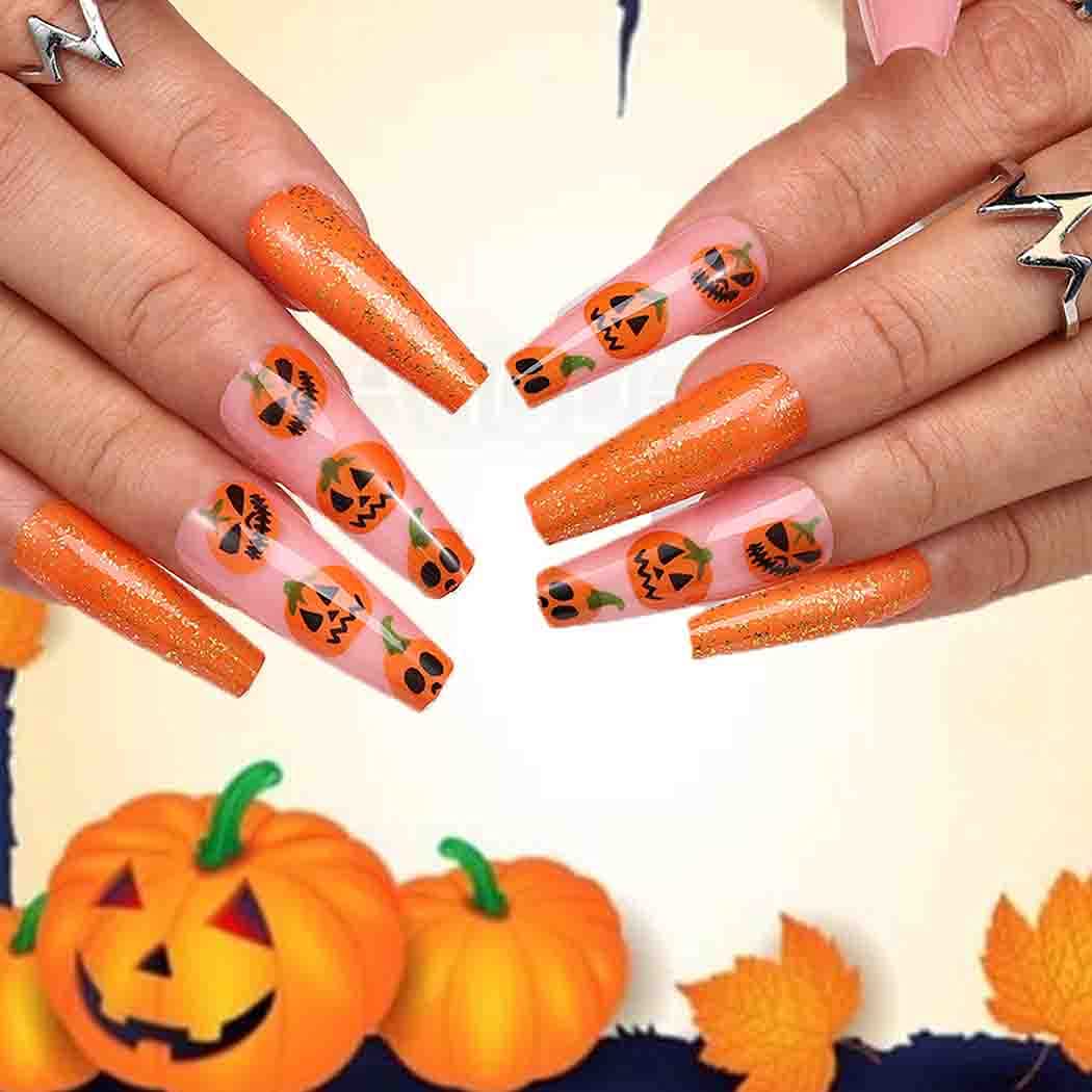 Halloween Orange Pumpkin Coffin Press-On Nails - Extra Long Acrylic Fake Nails with Spooky Designs, 24Pcs Full Cover Stick-On Nails for Women & Girls - Perfect for Halloween Parties, Costumes, and Festive Nail Art
