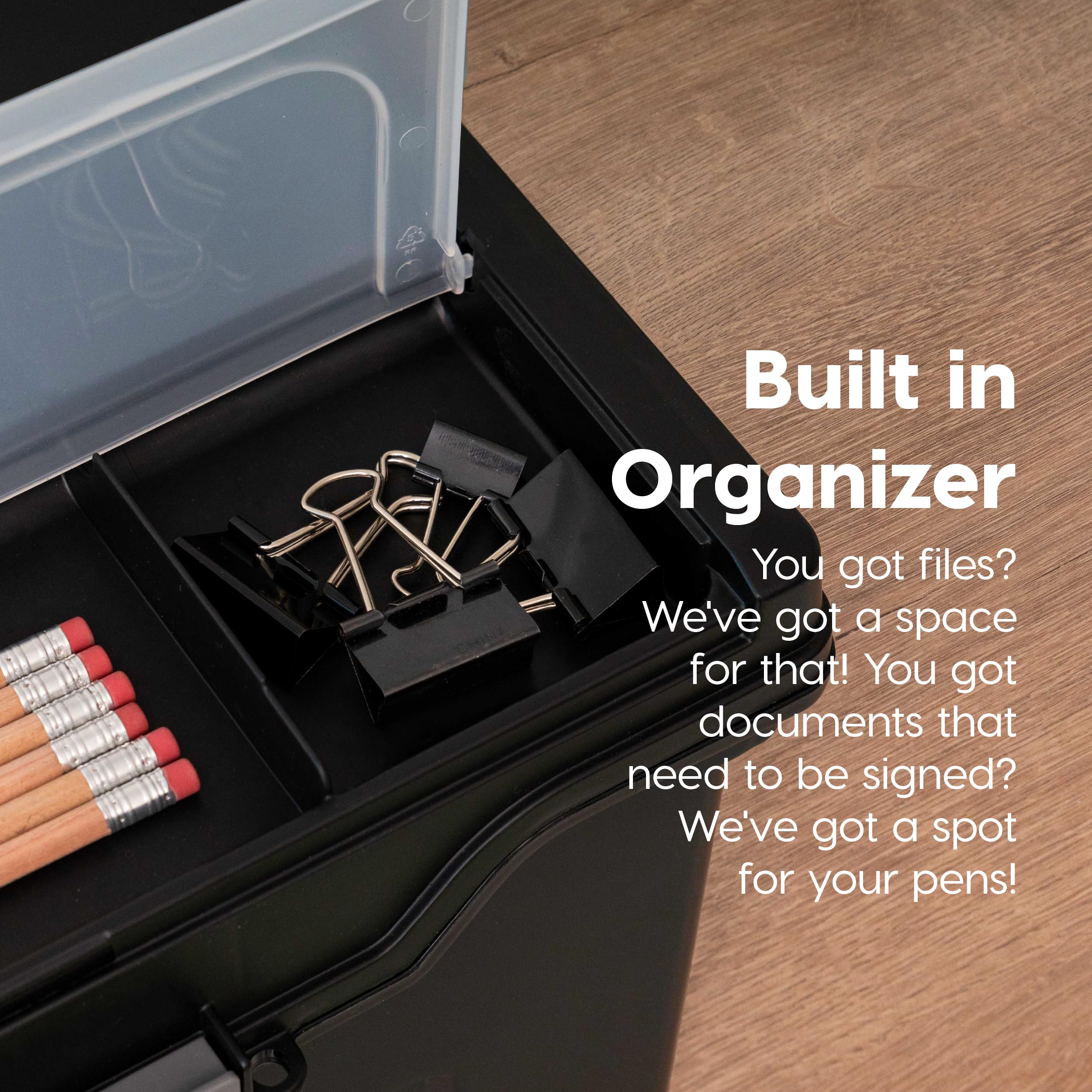 IRIS USA 4-Pack Black File Box with Lid - Water Resistant Plastic Document Organizer with Secure Buckle, Portable Handle & Lockable Design | Perfect for Office Filing, Home Organization & Document Storage