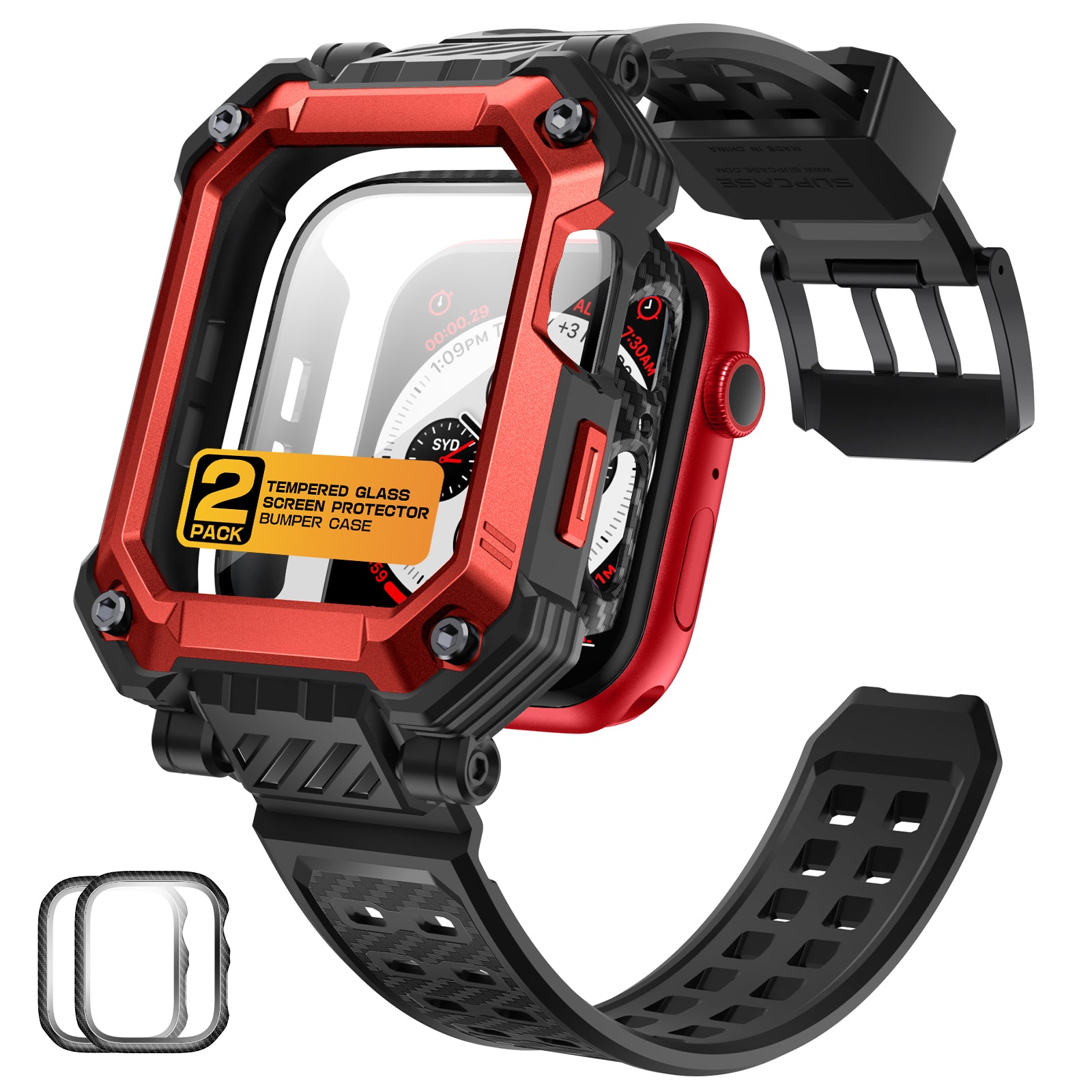 Apple Watch 45mm Unicorn Beetle PRO Rugged Case with Tempered Glass Screen Protector - Metallic Red | Shockproof Protective Cover for Outdoor Sports & Active Lifestyle