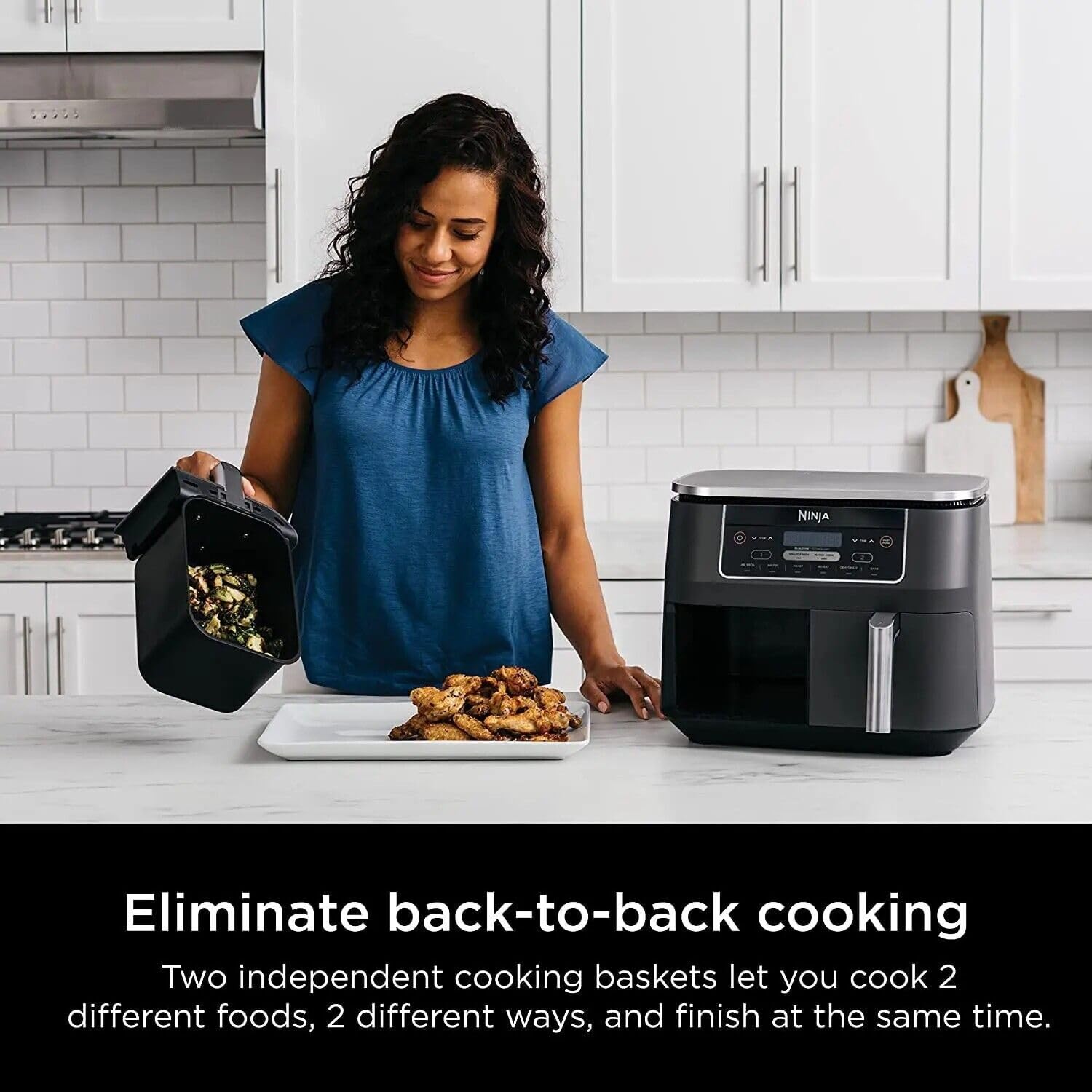 Ninja DZ201 Foodi 8 Quart 6-in-1 DualZone Air Fryer with 2 Independent Baskets - Smart Finish, Match Cook, Roast, Broil & Dehydrate Functions - Perfect for Family Dinners, Meal Prep & Healthy Cooking (Renewed, Grey)