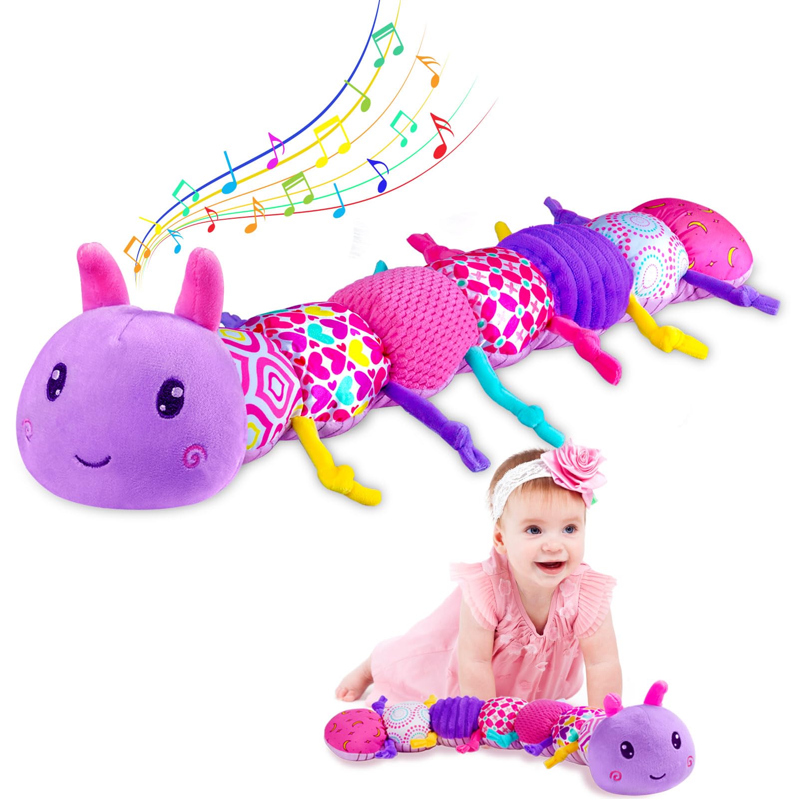 Soft Textured Baby Stuffed Animal Toy with Rattle & Crinkle Sounds - Sensory Developmental Toy for Infants 0-12 Months | Perfect Baby Shower Gift for Girls & Boys | Caterpillar Plush Toy in Purple for Tummy Time & Early Learning Play