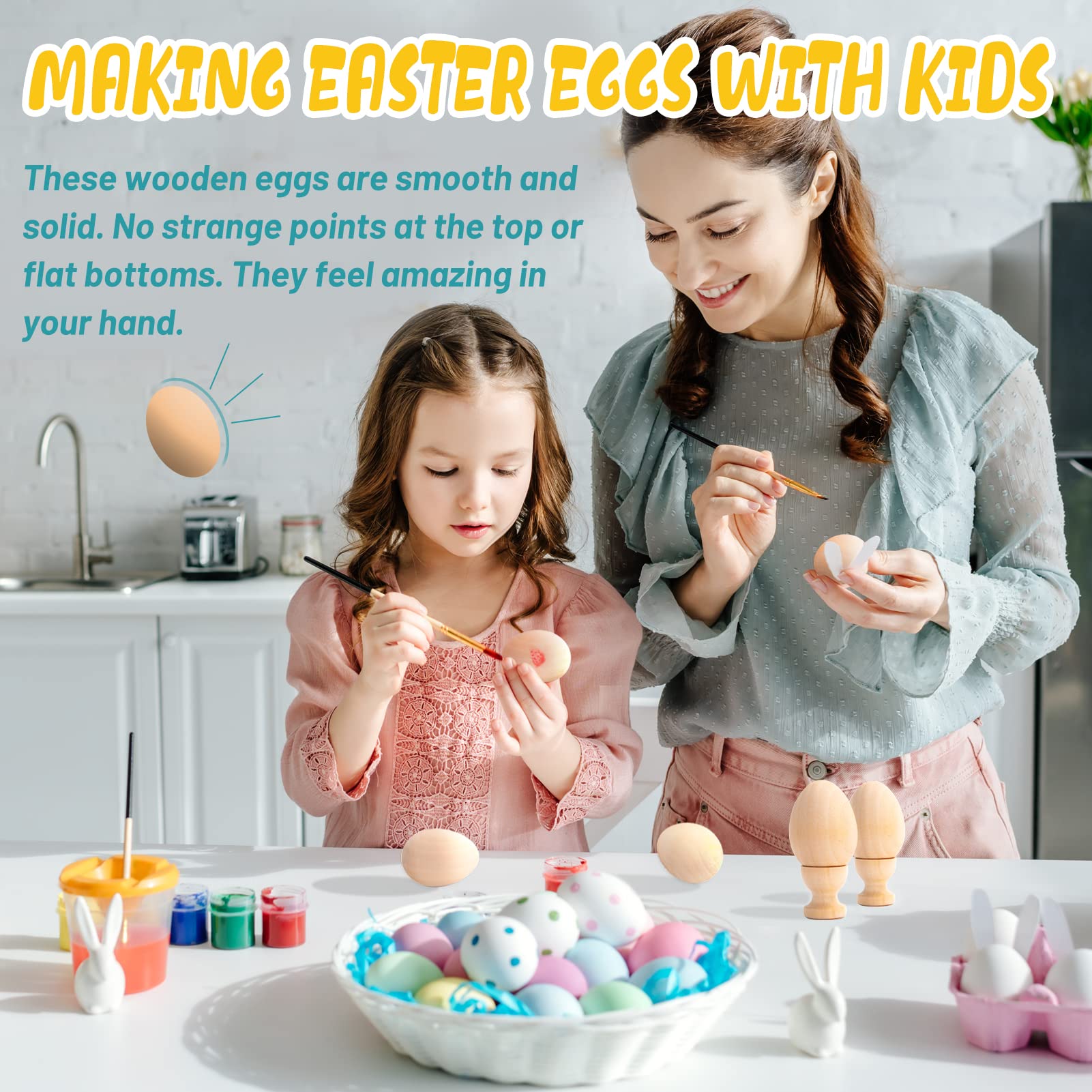 Narremcoy 32 PCS Unpainted Wooden Easter Eggs with 4 Wooden Egg Holders - DIY Craft Supplies for Easter Decorations, Home Party, and Spring Holiday Celebrations