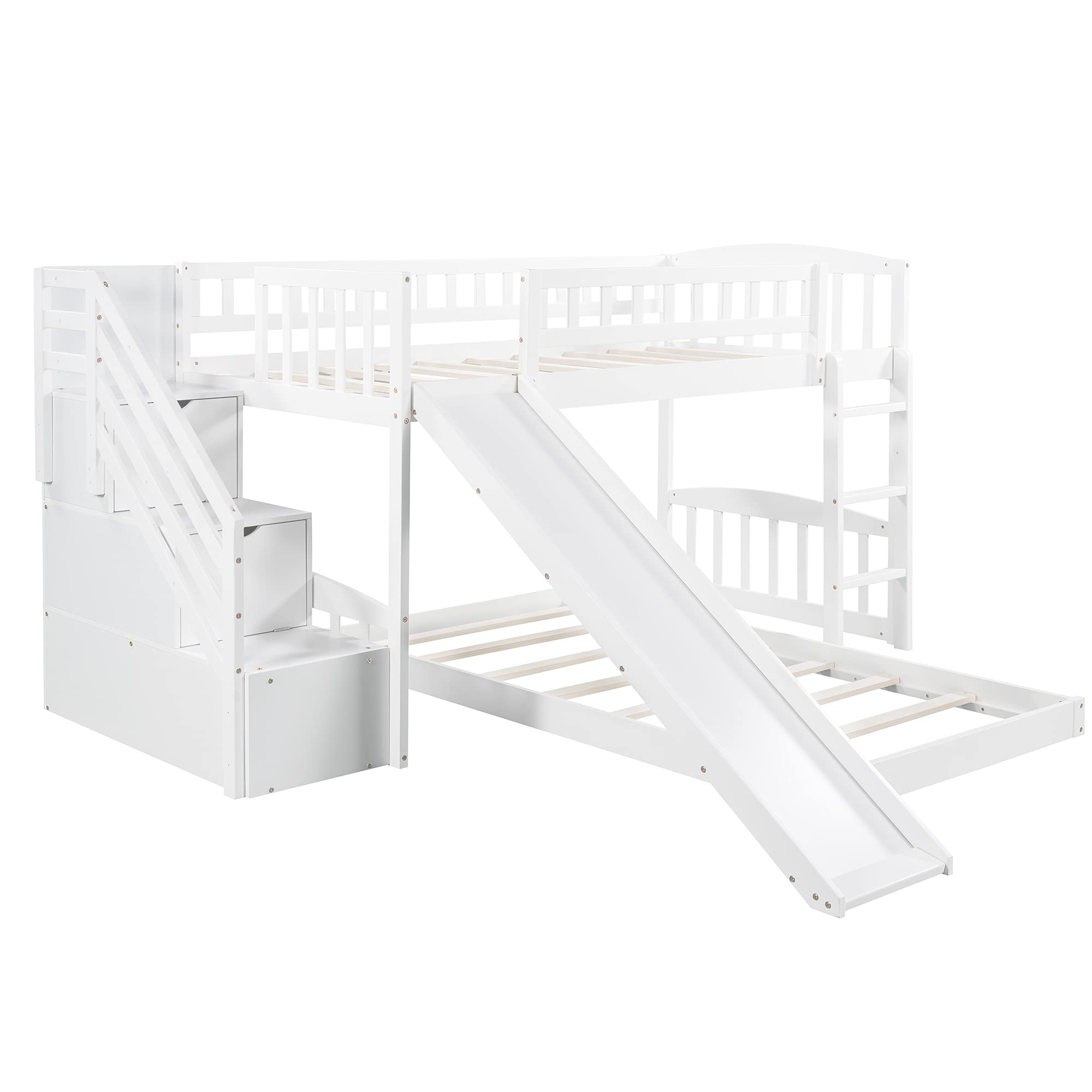 Harper & Bright Designs Twin Over Twin Bunk Bed with Slide, Stairs & Storage Drawers - Solid Wood Low Bunk Bed with Guardrails for Kids & Teens - Space-Saving Bedroom Furniture for Small Rooms, Sleepovers & Guest Rooms (White, No Box Spring Needed)