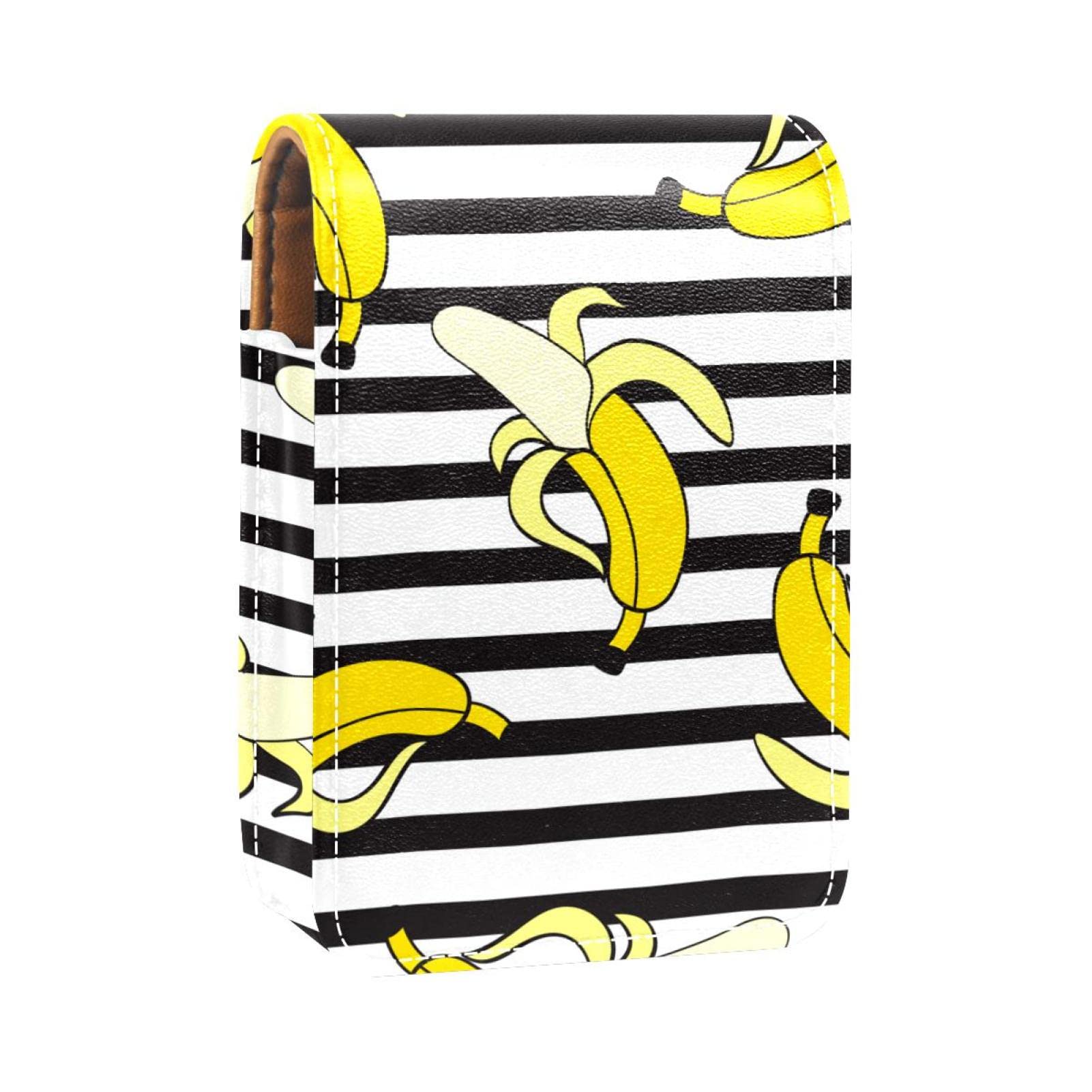 Personalized Lipstick Case - Portable Makeup Bag & Cosmetic Pouch Organizer with Banana Print on Black & White Stripes - Perfect for Travel, Home Storage & Gift Giving