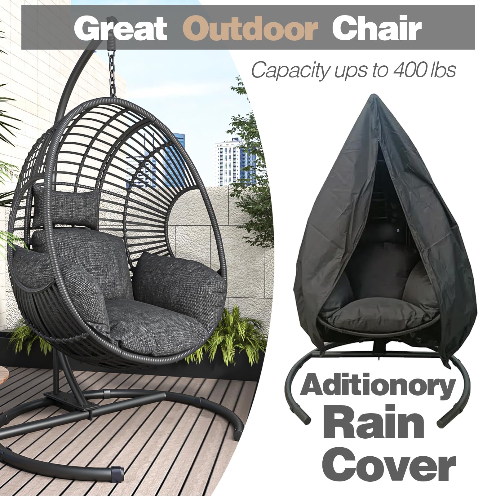Oversized Hanging Egg Chair - Outdoor Wicker Swing Chair with Stand, Rain Cover & UV-Resistant Cushion (400lbs Capacity) - Perfect for Patio, Garden, Balcony, Backyard Relaxation & Boho Decor