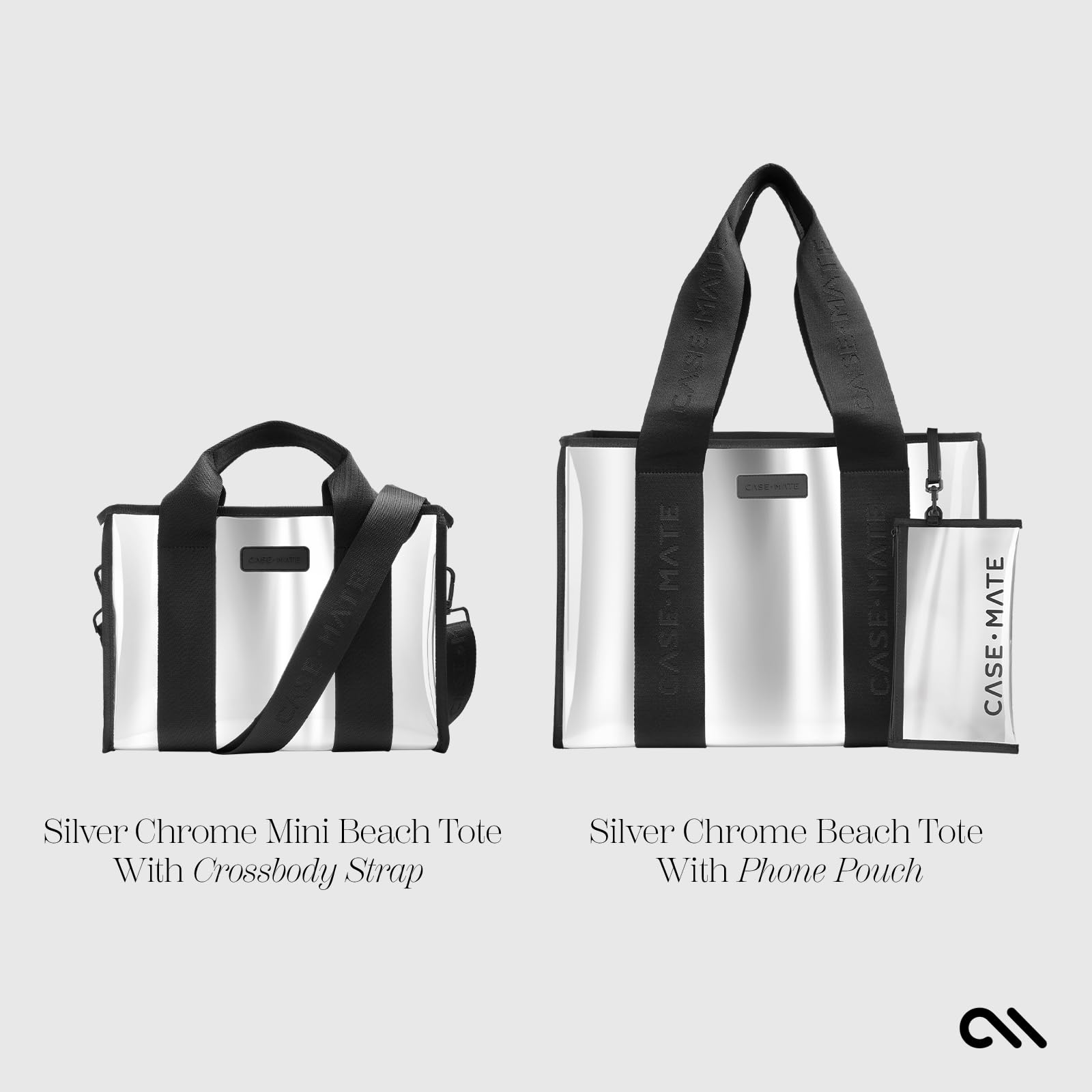 Case-Mate Silver Chrome Beach Tote Bag for Women - Lightweight Waterproof Foldable Tote with Phone Pouch - Perfect for Beach, Pool, Travel & Vacation - Large Durable Washable Tip-Proof Beach Bag | Great for Summer Outings, Weekend Getaways & Coastal Adventures