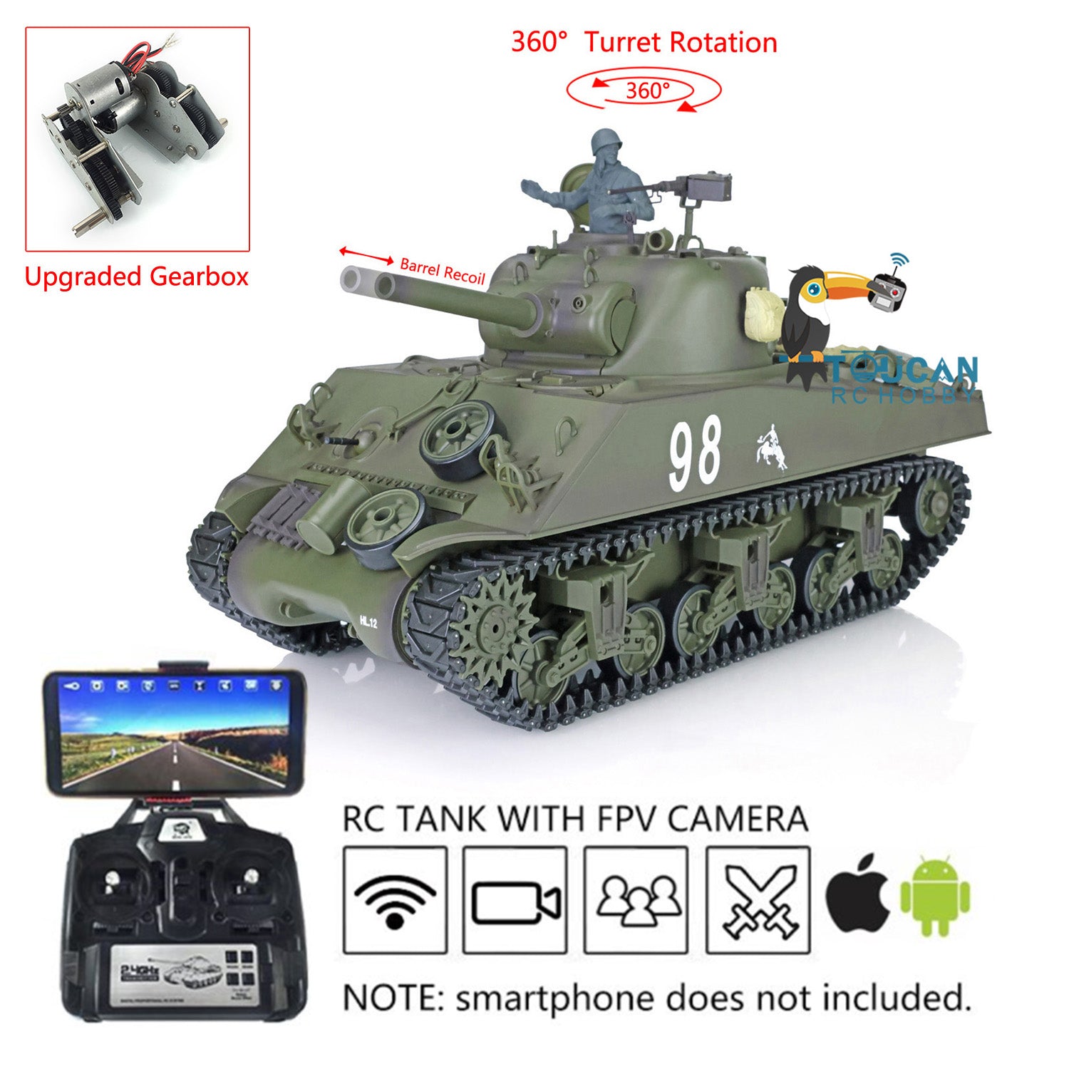 1/16 Henglong M4A3 Sherman RC Tank - 7.0 Plastic Model with 360° Rotating Turret, FPV Barrel Recoil & Steel Gearbox | Realistic Smoke Effects | Perfect Gift for Boys & Military Enthusiasts | Battle Simulation & Outdoor Play