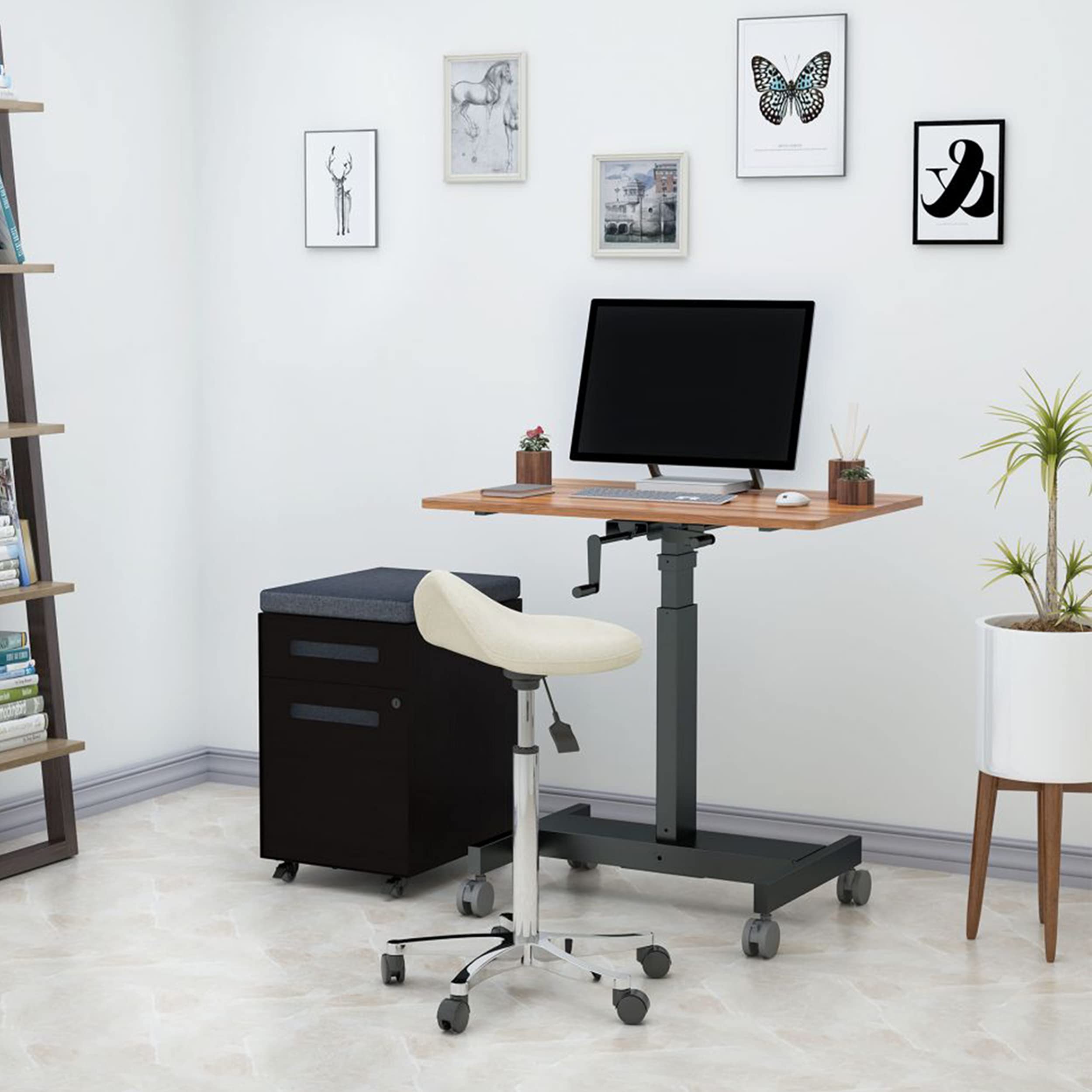 Adjustable Height Rolling Standing Desk with Crank - Single Column Mobile Workstation (Black Frame/Teak Top, 40