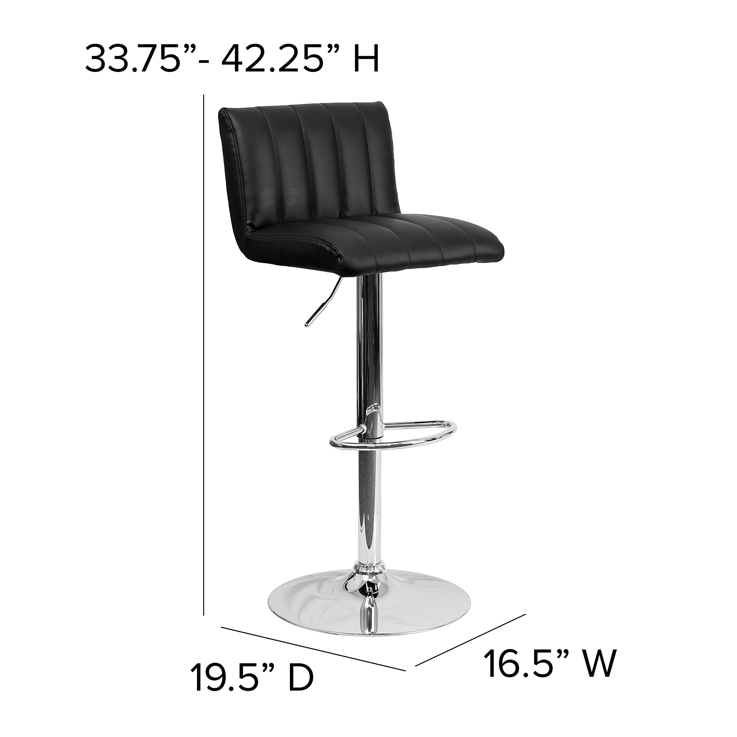 EMMA & OLIVER Black Vinyl Adjustable Height Bar Stool with Vertical Stitch Back - Modern Kitchen Island & Counter Height Stools for Dining, Bar, or Home Decor