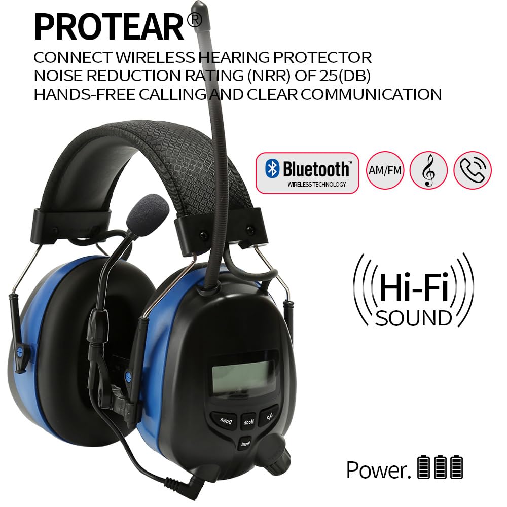 Digital Radio Ear Muffs with Boom Microphone - Bluetooth AM/FM Hearing Protection Headphones for Lawn Mowing & Outdoor Work (AAA Battery Powered, Blue) - Perfect for Construction, Shooting Range & Noise Reduction