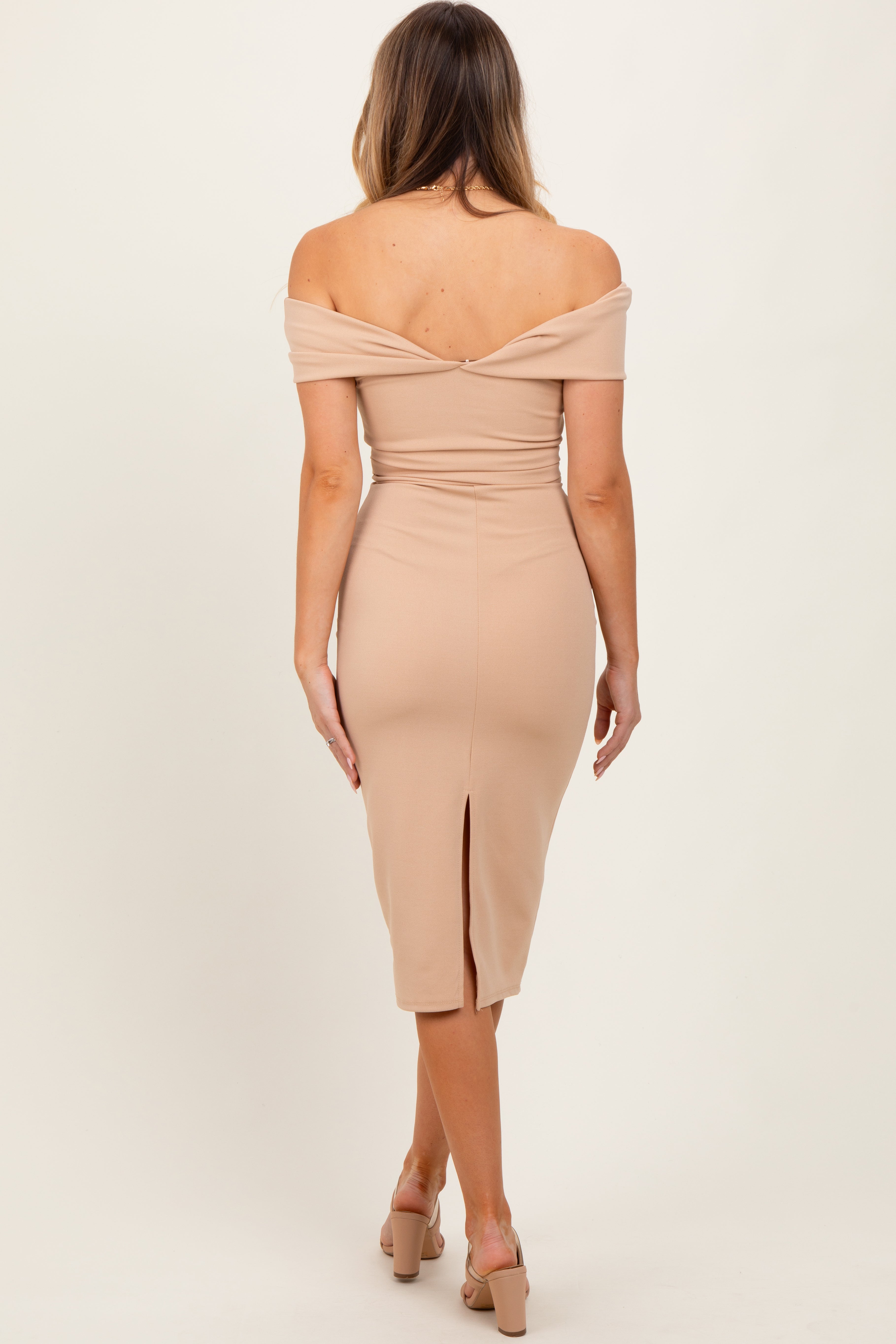 Beige Off Shoulder Fitted Midi Dress for Women - Elegant Bodycon Summer Dress for Date Night, Party & Vacation